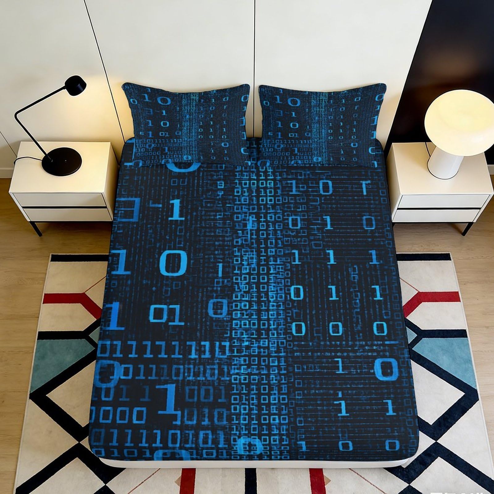 3D Printed Digital Matrix Fitted Sheet Microfiber Soft Breathable Binary Code Bed Cover for Bedroom Dorm Decor 90x200x25cm