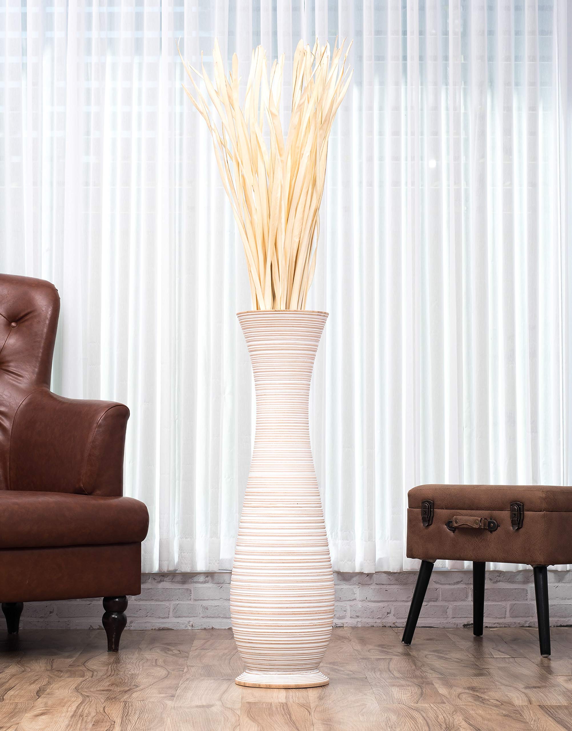 Leewadee Grote Home Decor Vloervaas - Houten Hoge Boerderij Decor - Bloemenhouder Voor Nep Plant En Pampas Gras, 85 cm, Wit
