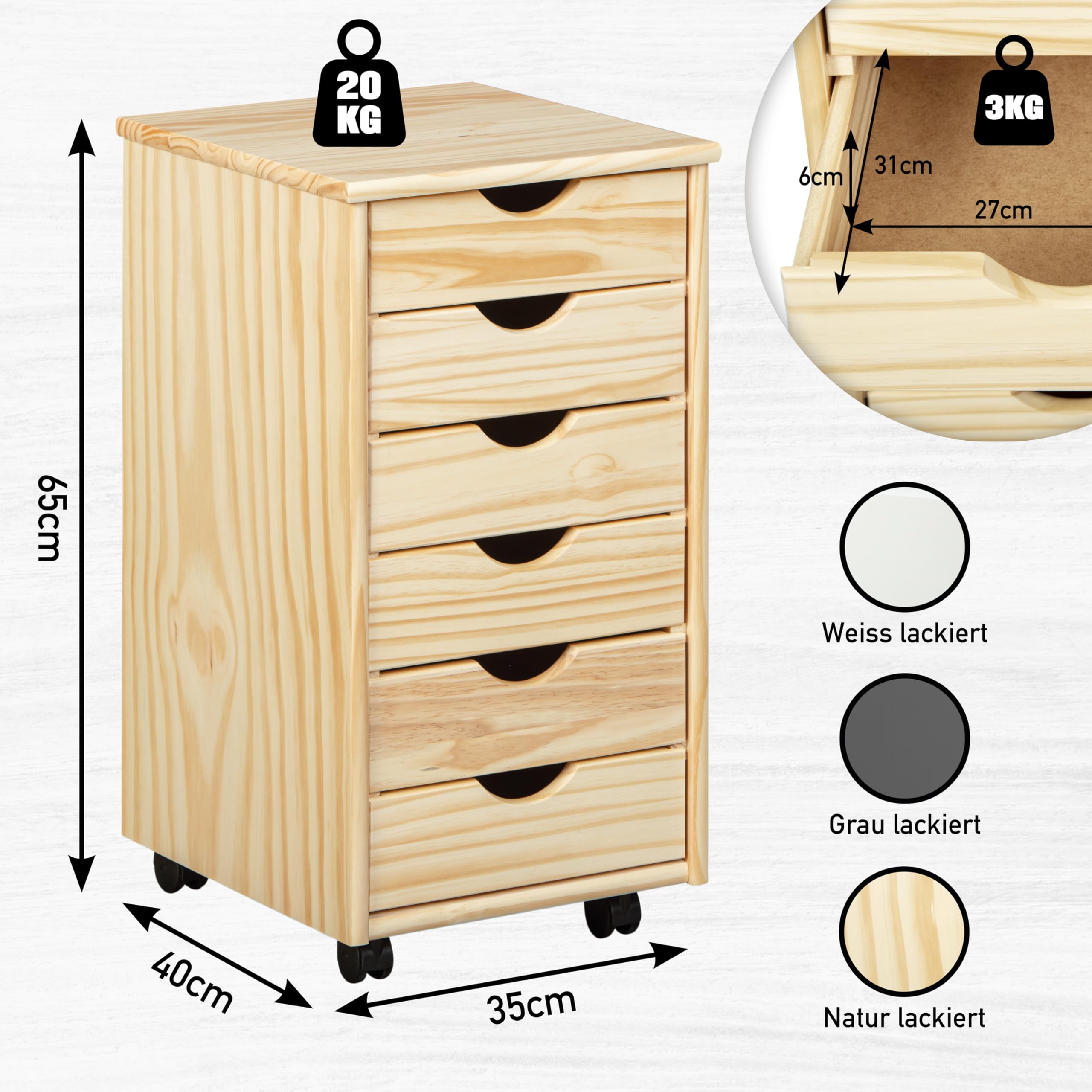 Inter Link - Caisson roulant - Caisson roulant 6 tiroirs - Caisson bureau - Armoire roulante - Chariot à tiroirs - Pin massif - Naturel laqué - LxPxH : 35x39x66 cm - Nils