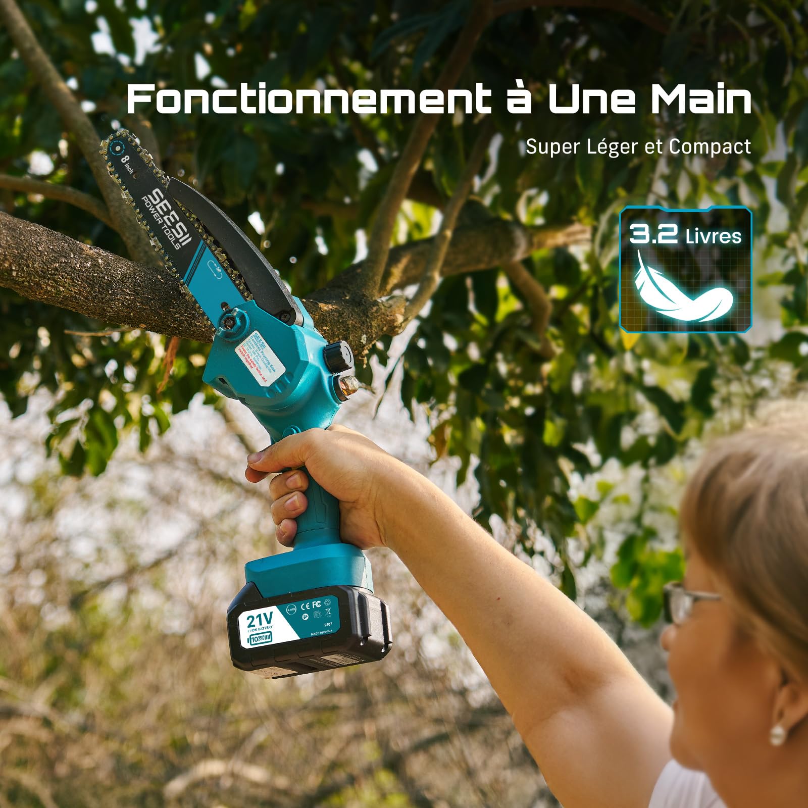 SEESII 8 Pouces Mini Tronçonneuse à Batterie 2x4000mAh, Tronçonneuse Électrique sans Fil avec Injecteur de Lubrifiant et Chaîne de Remplacement, Mini Scie à Chaîne Électrique pour Jardin, CH820+