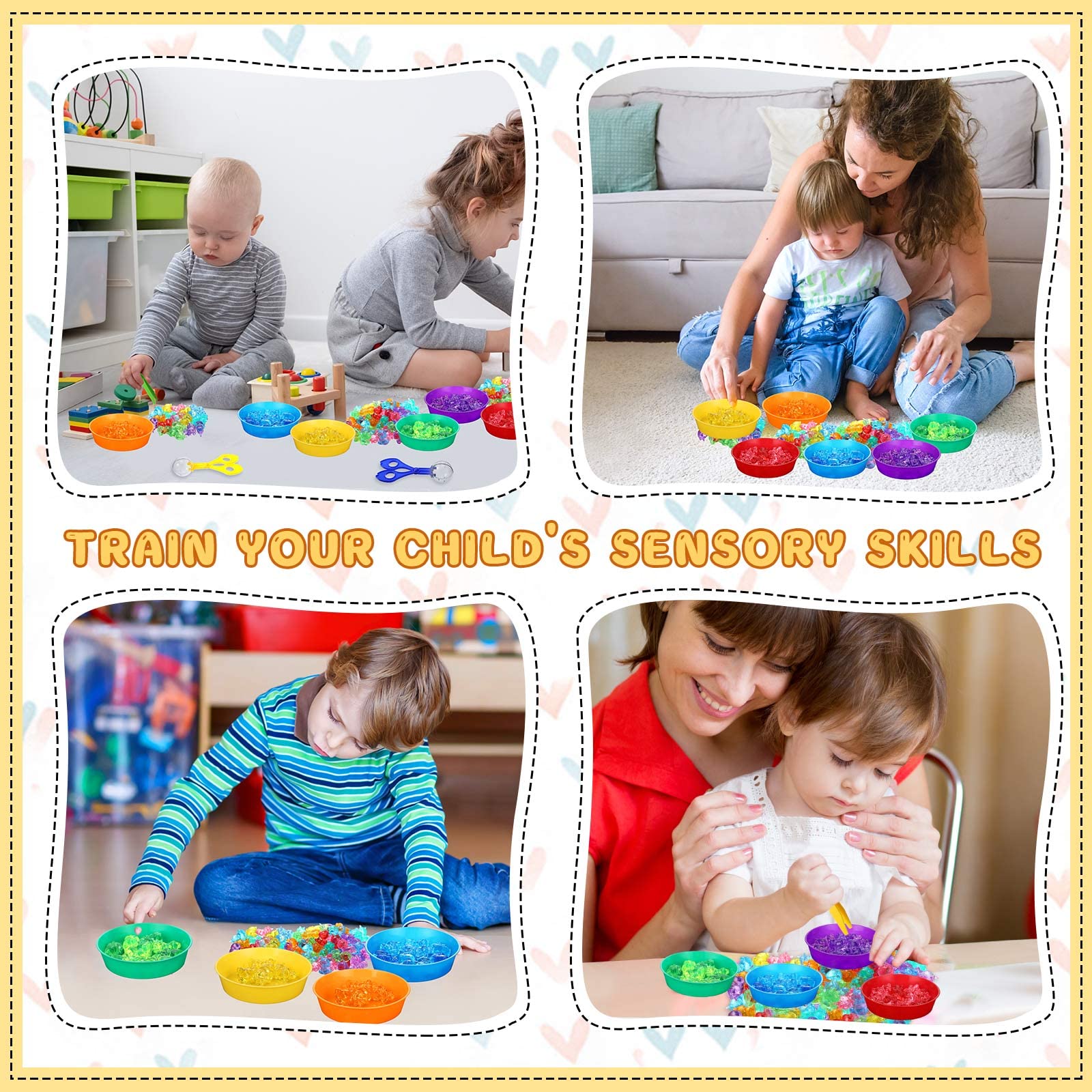 62 piezas de relleno sensorial de contenedor, incluye 50 cuentas acrílicas de unicornio, 4 pinzas, 2 pinzas para tijeras, 6 tazas, juego de juguetes de motor fino para niños y niñas, educación 3
