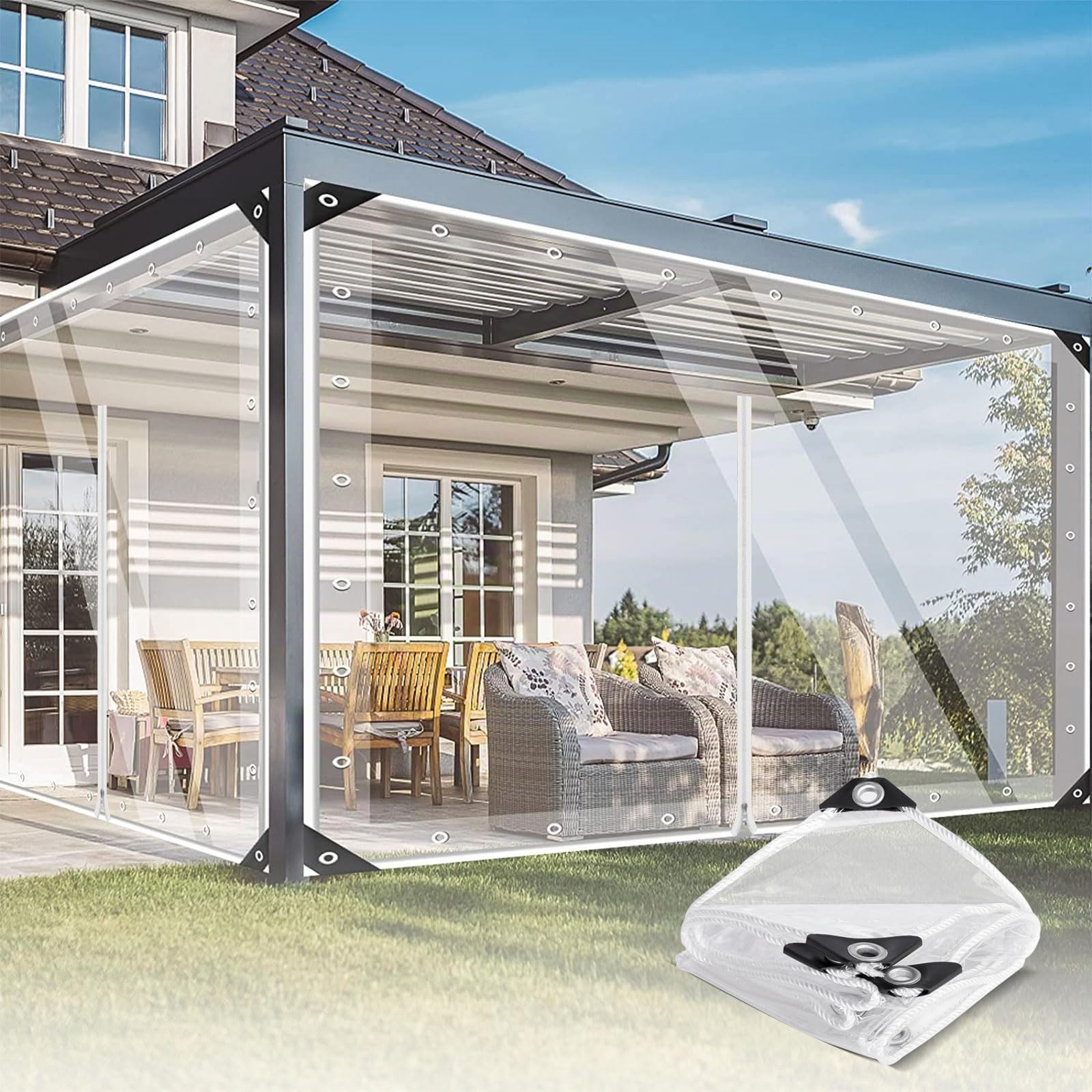 Bâche transparente - 420 g/m² - En PVC transparent - Avec œillets et fermeture éclair - Rideau d'extérieur imperméable - Protection contre le vent et la pluie - Pour pavillon, abris de voiture