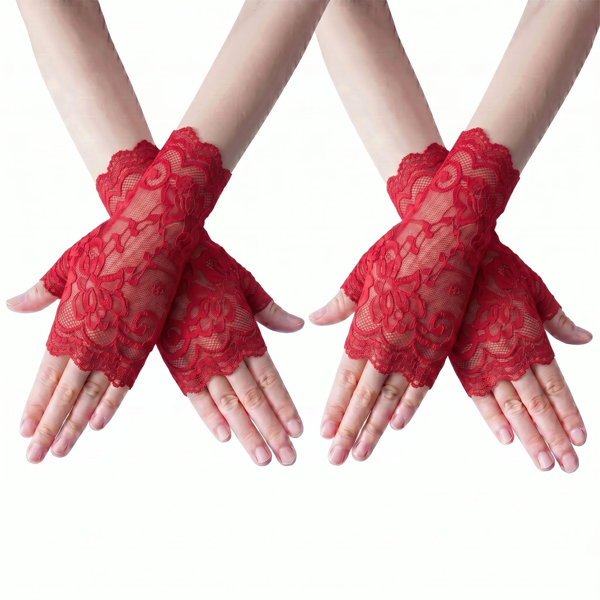 Leryavow 2 PairsGothic-style Opera Gala Wedding role-playing Lace Gloves Red Red