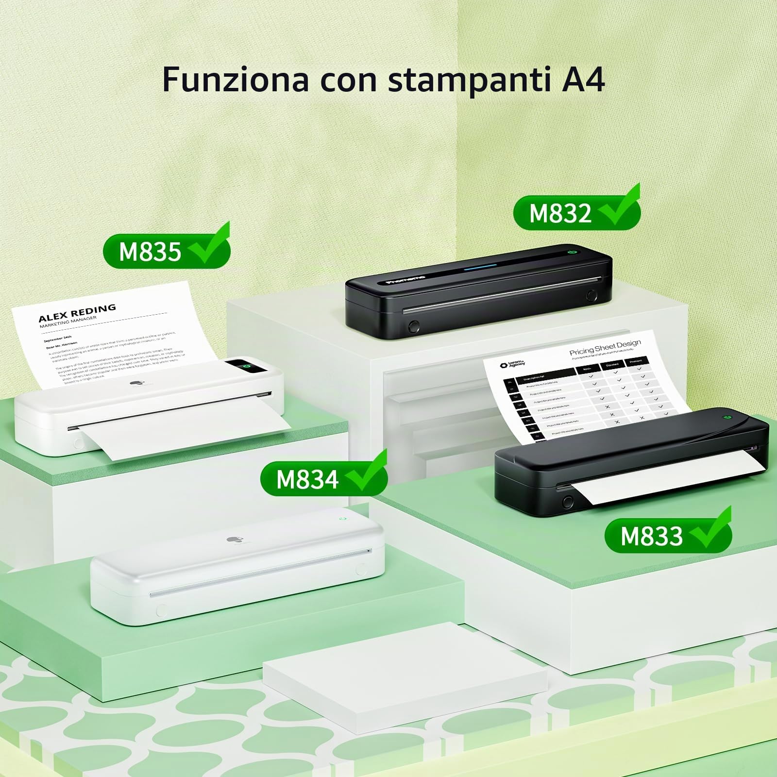 Phomemo M832 A4 Carta termica per stampante, 210 mm x 6,5 m | (8,27" x 256"), compatibile con Phomemo M832/M833/M834 stampante portatile A4, per viaggi, casa, foto, fattura, 4 Rotoli