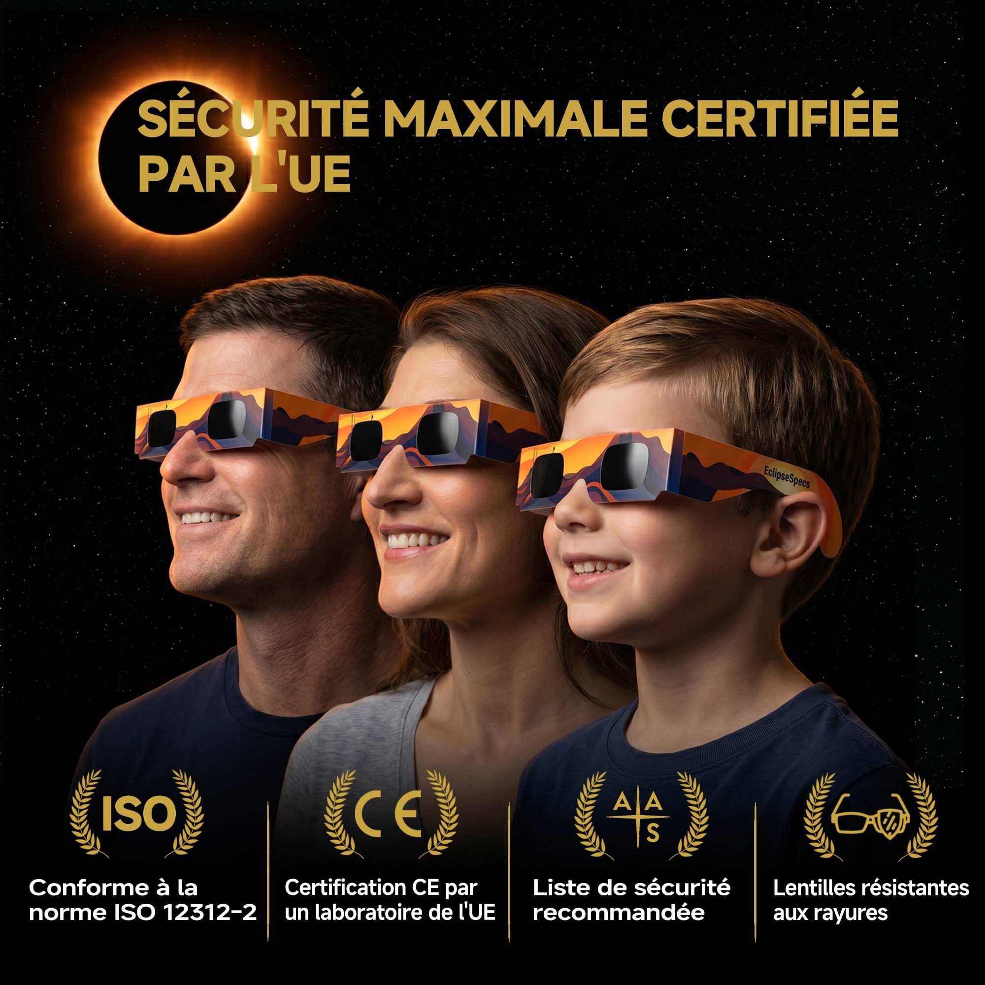 Lunette éclipse solaire [Lot de 3] - Homologuées ISO 12312-2 CE - Observation directe éclipse 2026