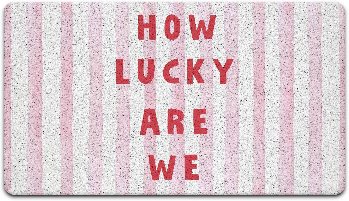 JINYO Trendy Aesthetic Pink Red Striped Door Mat, Cute Girly How Luck are We Welcome Mat Doormat for Girls Room Dorm Apartment Indoor Outside Entrance Entryway, 17x30 Inch