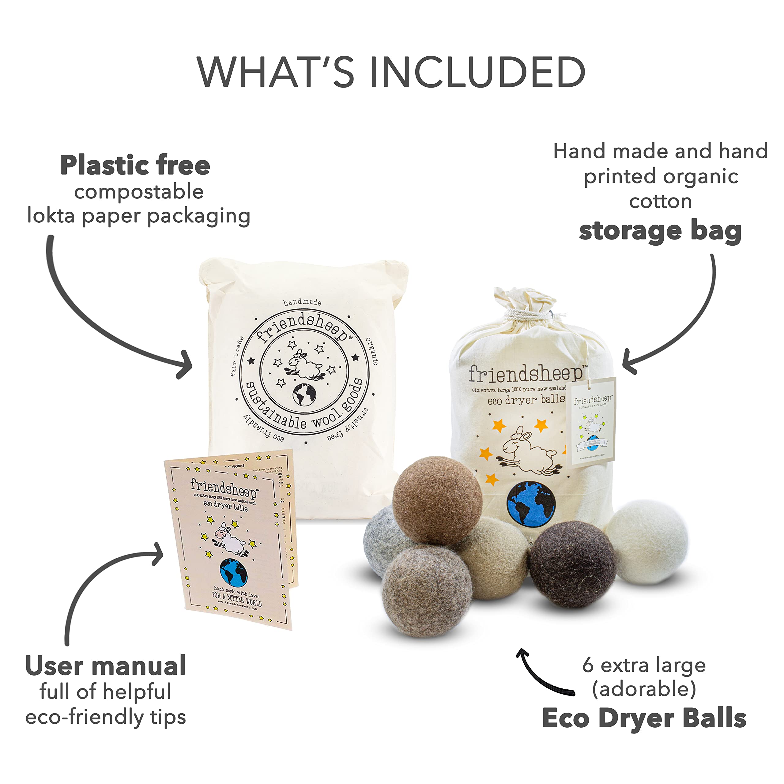 Friendsheep Woll-Trocknerbälle, 6 Stück, XL, Bio, Premium, wiederverwendbar, tierversuchsfrei, handgefertigt, Fair-Trade, Keine Fusseln, Weichspüler, Farbe Braun, Beige - Natural Mystic | Wiederverwendbarer Weichspüler Alternative Bio-Wolle, handgefertigt