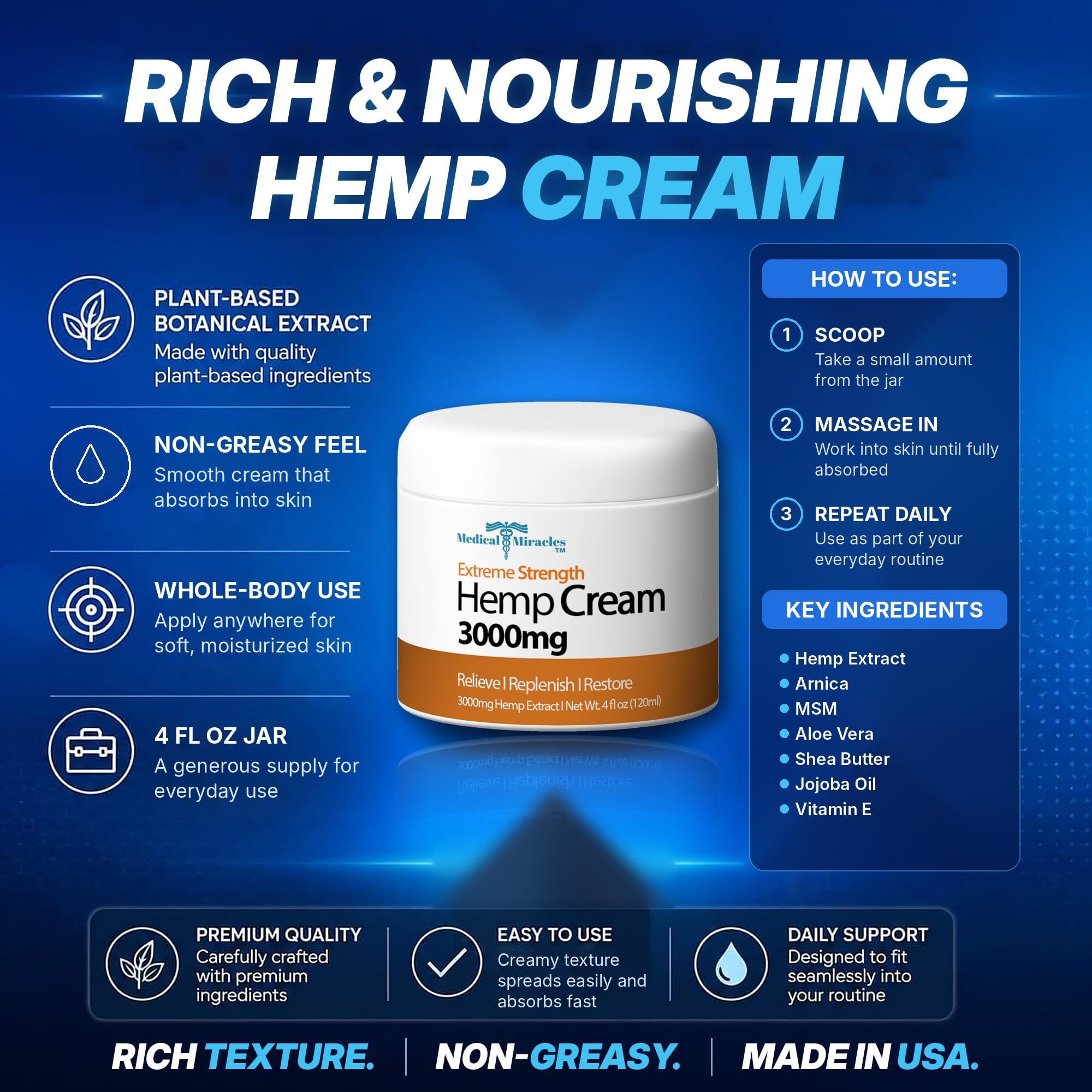 Medical Miracles Hemp Cream 3000mg, 4 oz – Topical Skin Cream with MSM, Arnica, Aloe Vera, Shea Butter, Jojoba Oil & Vitamin E – Made in USA — Amazon image 5