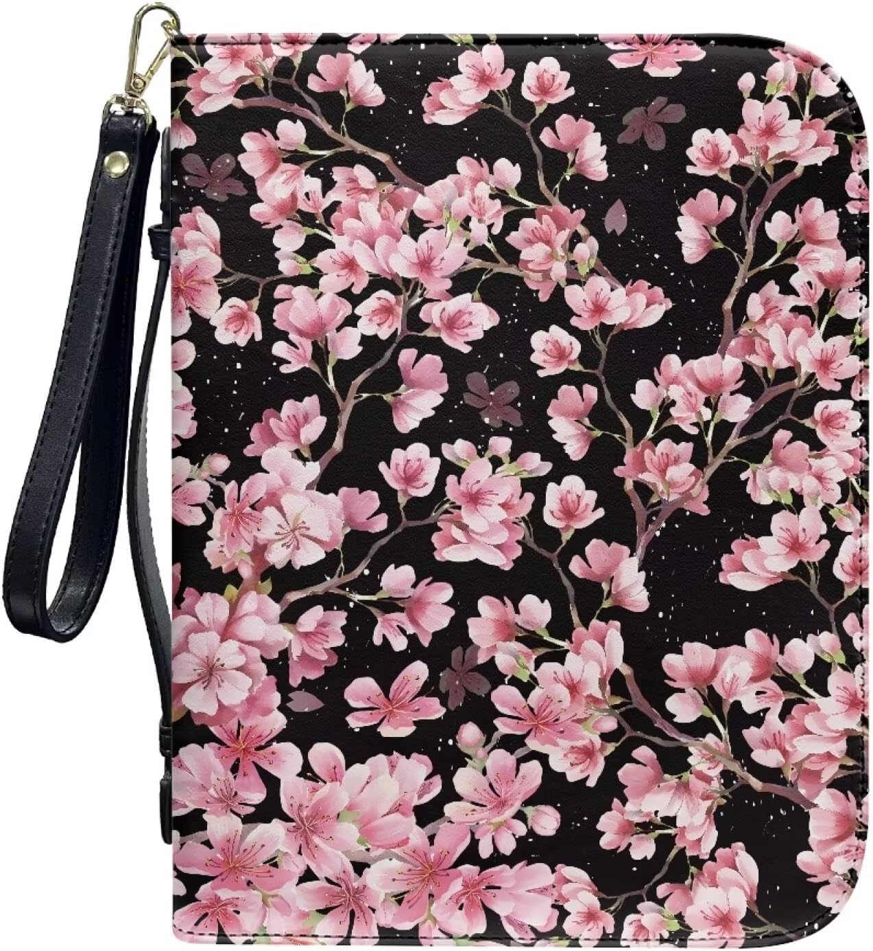 Cherry Blossom Print Portable Large Bible Cover Case for Women Men Bible Book Cover Bible Carrying Case with Pen Slots Book Organizer with Detachable Wristlet Strap Zipper Handle, L