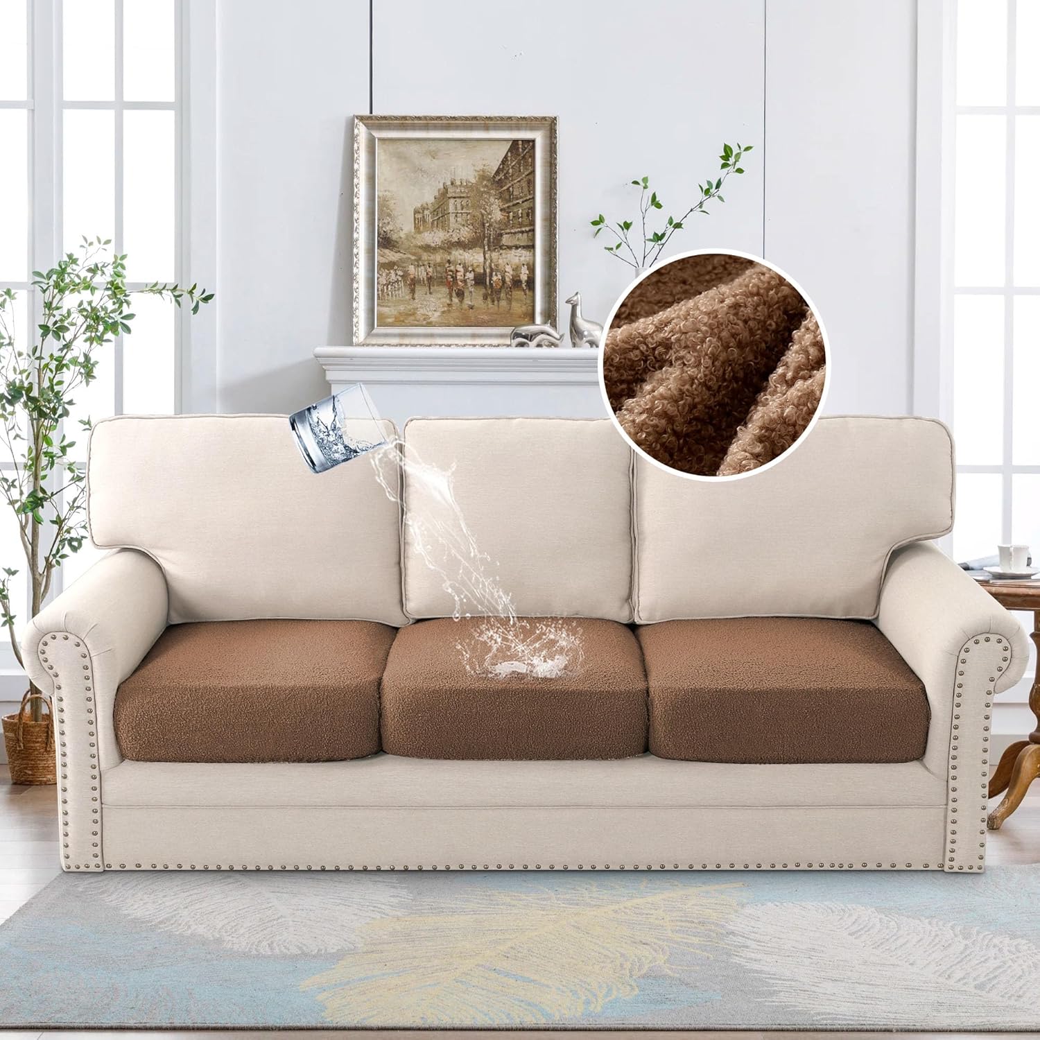 H.VERSAILTEX 100% Waterproof Couch Cushion Cover Washable Sofa Cushion Cover Individual Couch Cushion Covers Couch Seat Cover Medium Weight Sofa Seat Cover(3-Piece Sofa Cushion Cover, Caramel) 3-Piece Sofa Cushion Cover Caramel