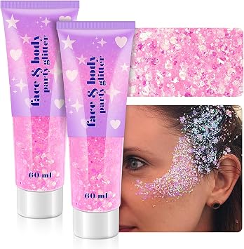 Body Glitter Gel, Holographic Face Glitter Gel Sequins Shimmer for Hair, Lip, Eyeshadow, Nails, Chunky and Powder Mixed Glitter Gel, Cosmetic Flakes Gel for Festival Makeup 120ml Iridescent Pink