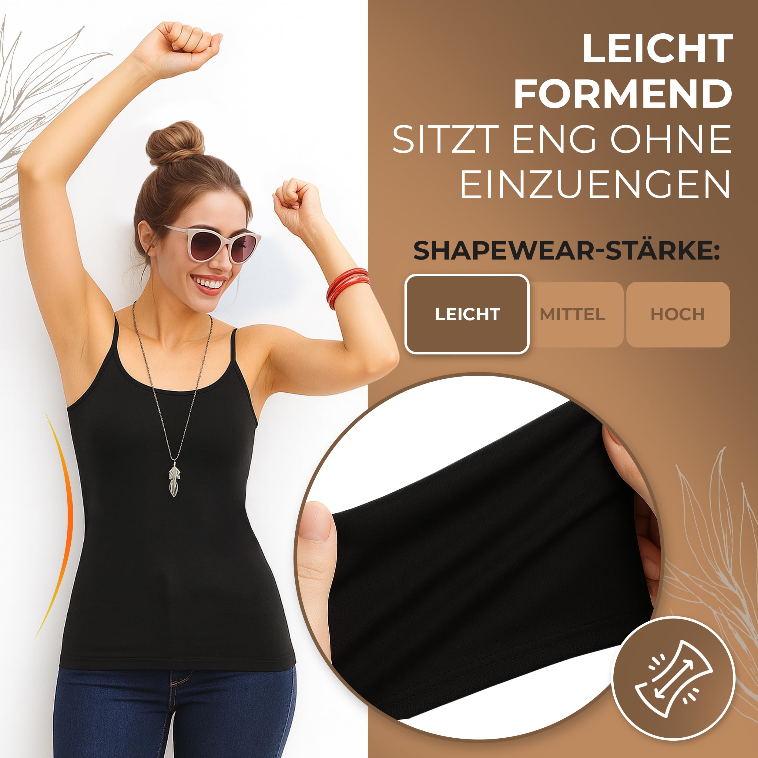 UnsichtBra 3er Pack Damen Shape Unterhemden | Spaghettiträger Basic Top Unterhemd | Mikrofaser Spaghetti Tops ohne Bügel | Weiss Schwarz Beige
