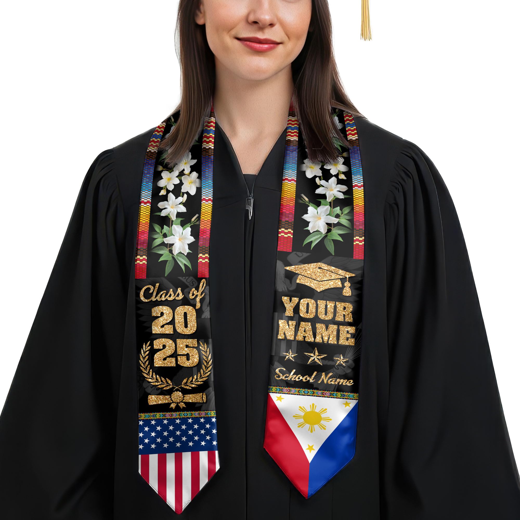 MonkeyVan Custom Filipino Graduation Sash 2025,Personalized Philippines Graduation Stole,Philippine-American Flag Graduation Sash S205