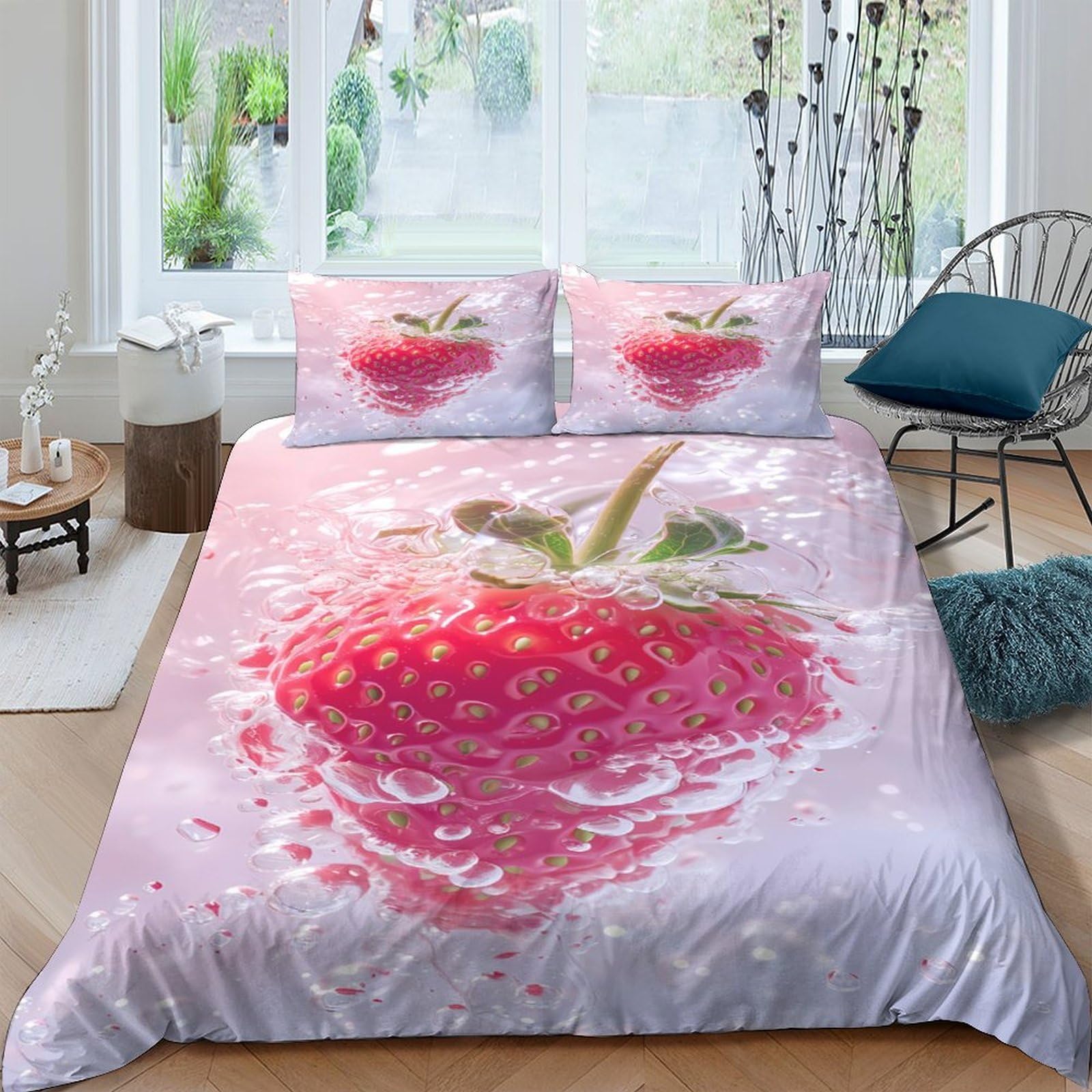 GPLZQXKJNH 3D Printed Strawberry Fruit Duvet Cover Set Microfiber Soft Pink Splash Bedding Set with 2 Pillowcases for Bedroom Decor Single（135x200cm）