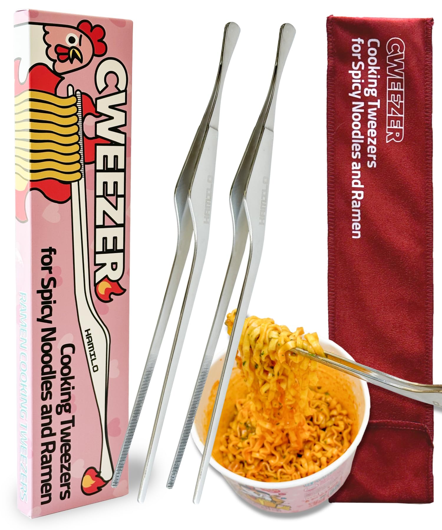 CWEEZER: Stainless Steel Kitchen Tweezers 10.23" for Spicy Ramen Noodles, Tteokbokki, Dumplings, Korean Food, Sushi and More, As Seen on Mukbang - 2Pcs Kitchen Tongs for Cooking, Plating & Serving