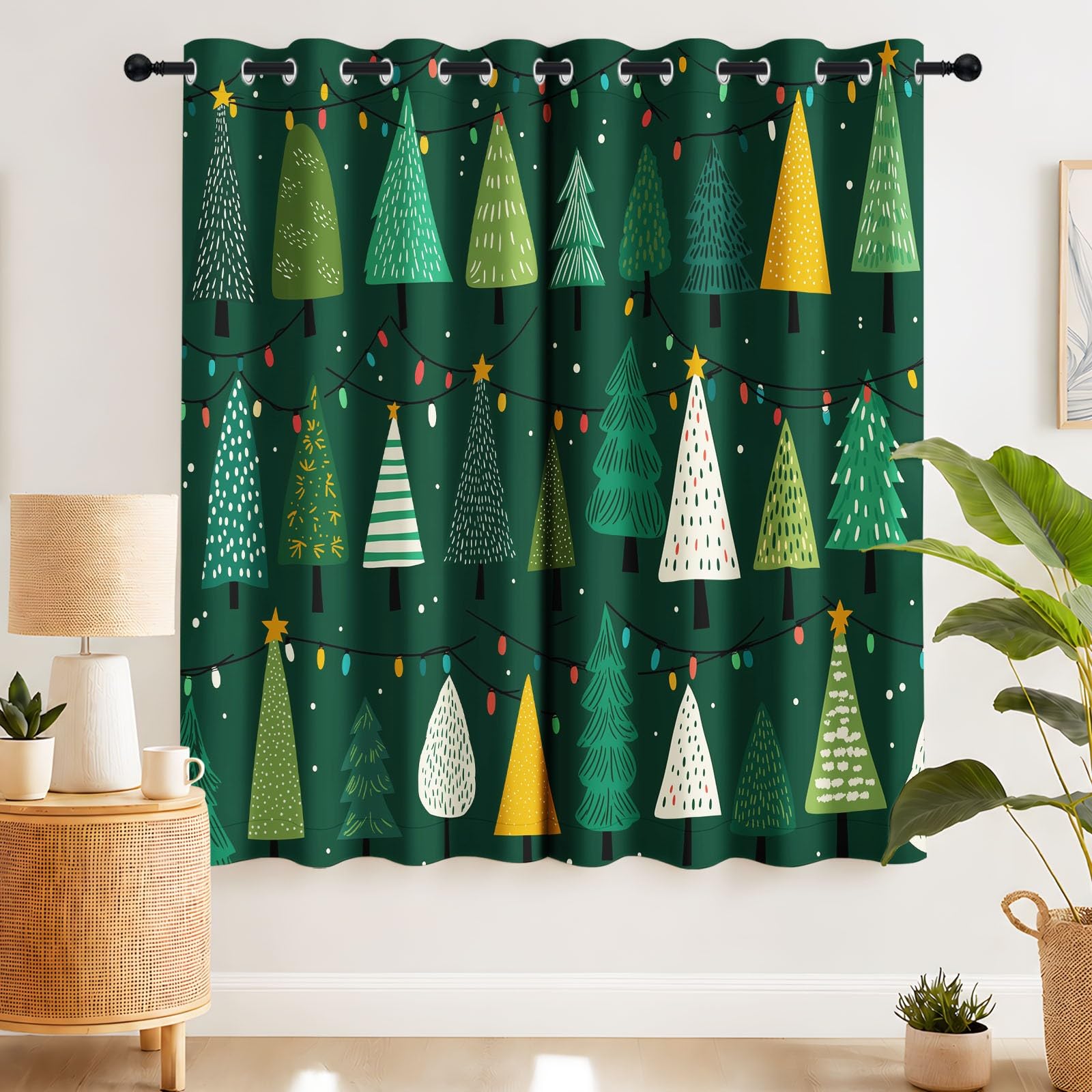 Verdunklungsvorhänge 2er Set mit Ösen, Blickdichte Gardinen Schalldämmend Lärmschutzvorhang für Kinderzimmer Wohnzimmer Festlich Weihnachten Fröhlich Weihnachtsbaum Lichterkette, H 175 x B 140 cm