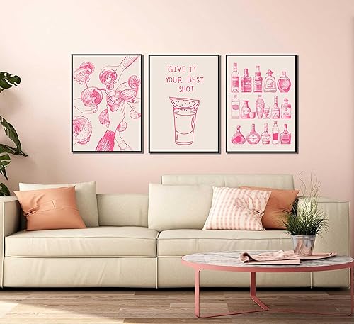 Miniatura 2 de 3 piezas de carrito de barra rosa para pared, diseño de coqueta, botellas de alcohol, póster, fotos retro, cóctel, alegría, lienzo, pintura,