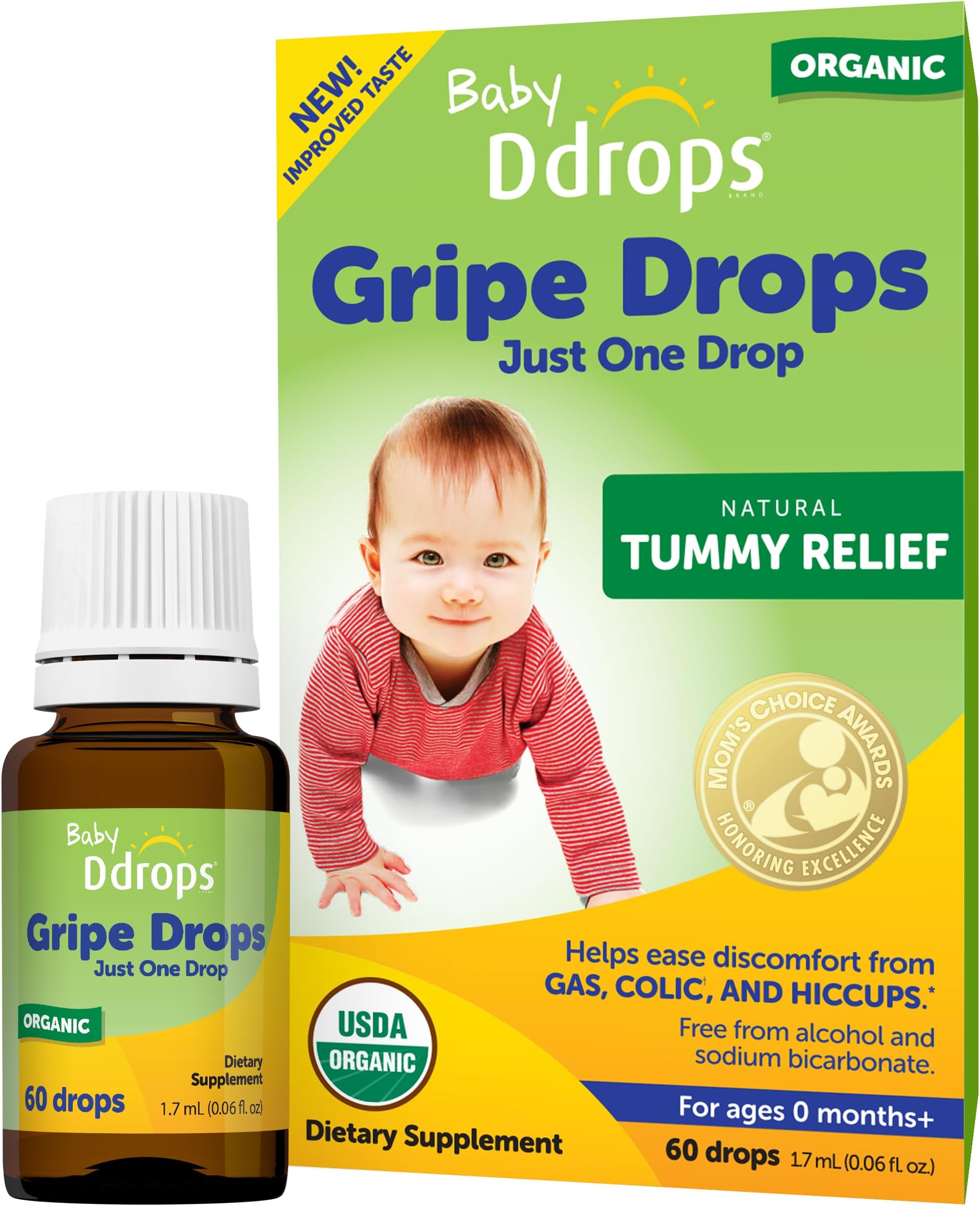Ddrops Baby Organic Gripe Drops, Natural Tummy Relief Liquid Drops for Newborns, Relief from Gas, Colic and Hiccups, Just One Drop, Herbal Ingredients (60 Drops)