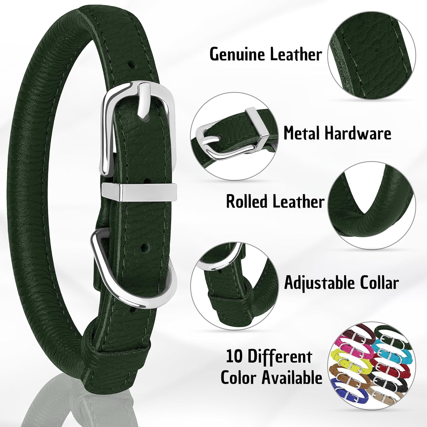 OOPSDOGGY Rolled Leather Dog Collar Soft Roll Collars for Small Medium Large Dogs Puppy (Green, XXL, 20"-24")