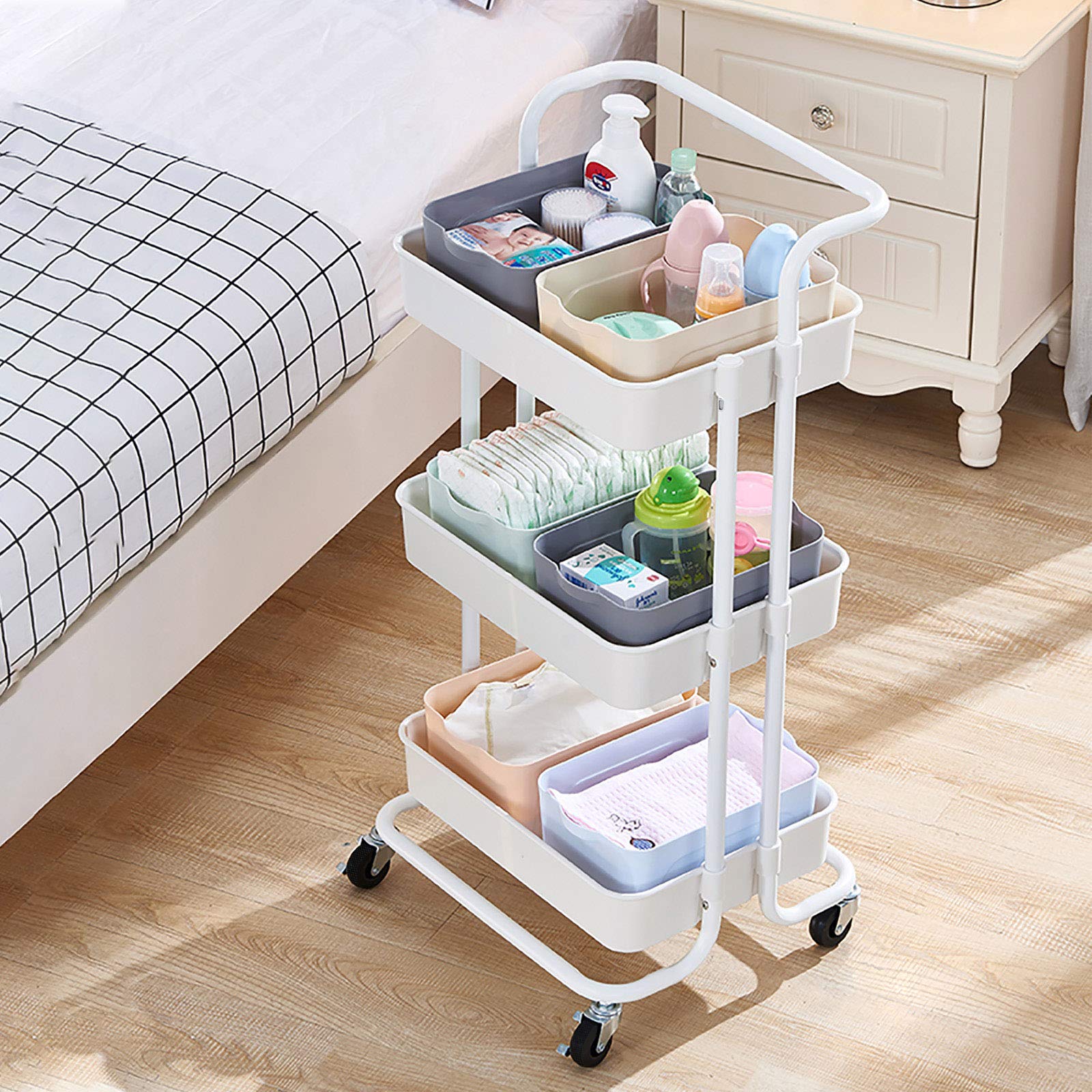 N/Q LEMROE 3 Tier Storage Trolley with Plastic Shelves and Metal Frame Organiser Rolling Storage Cart with Wheels (White)