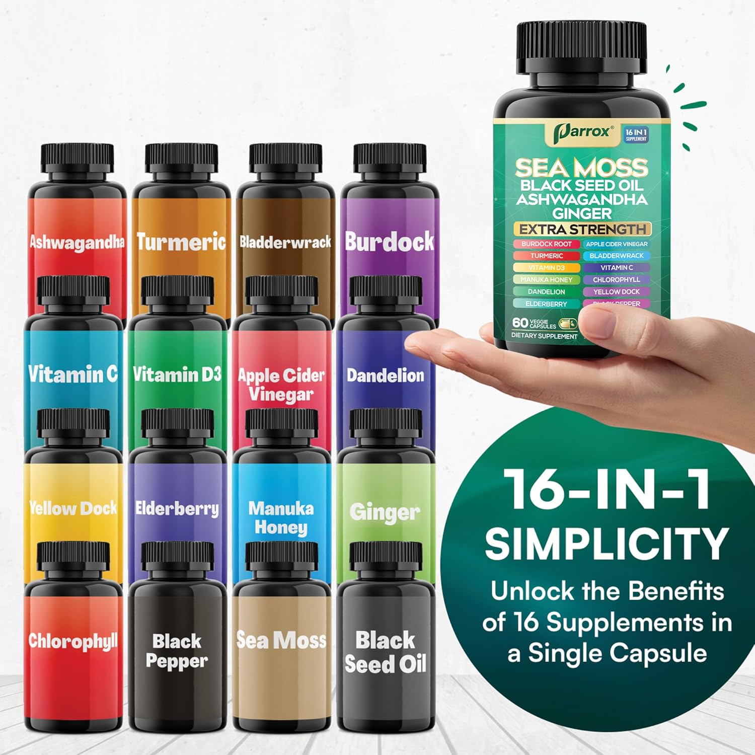 Sea Moss, Black Seed Oil, Ashwagandha, Turmeric, Chlorophyll, Dandelion, Ginger, Vitamin D3, Black Pepper, Elderberry, ACV, Yellow Dock, Burdock Root, Manuka, Vitamin C, Bladderwrack (60 Caps) - Image 4