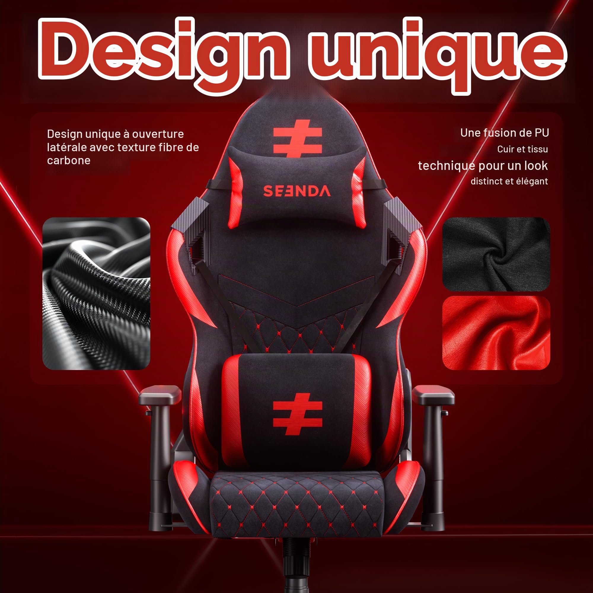 seenda GCPro-20 Chaise Gaming Ergonomique, Fauteuil de Bureau Gaming, Dossier Inclinable 145°, Réglable avec Appui-Tête & Coussin Lombaire, Charge 181 kg, Noir et Rouge