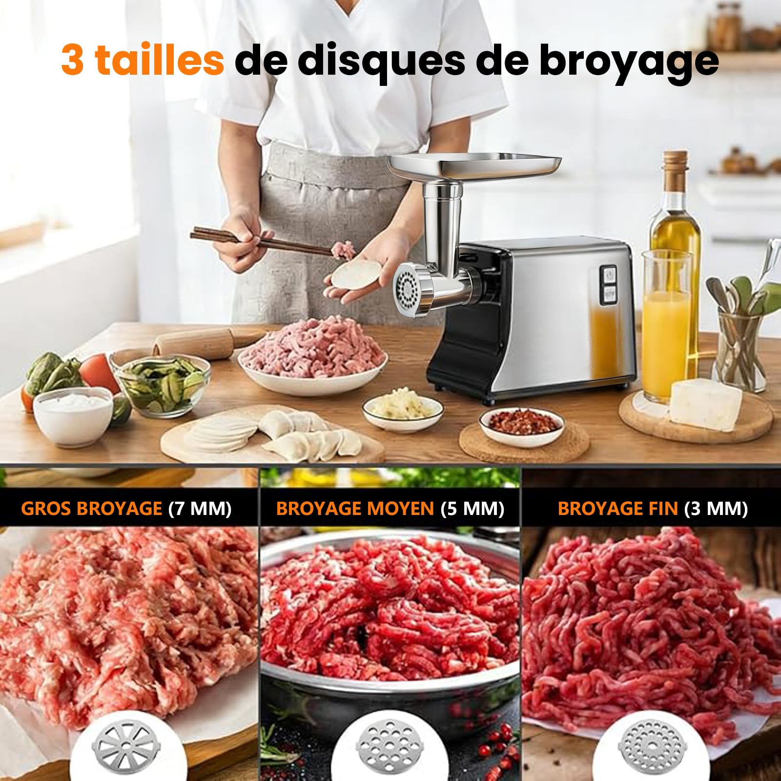 Hachoir à Viande Électrique, 3-en-1 Hachoir a Viande Professionnel [2800W Max] avec 3 Plaques de Broyage en Acier Inoxydable, Kit Kubbe, Tube à Saucisses, 2 Vitesses, pour Usage Domestique