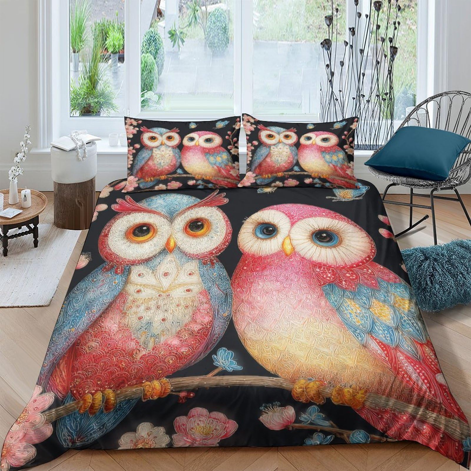 Ctjqhvkz Style-10 3D Printed Colorful Owl Fitted Sheet Microfiber Soft Anti-Slip Cartoon Bird Bed Cover Bedroom Dorm Mattress Decor Single（135X200cm）