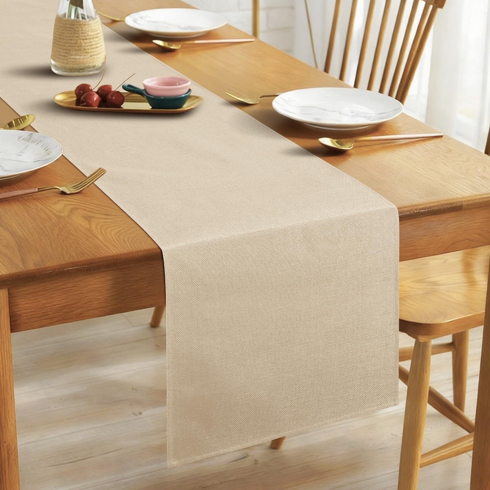 Alaoo Linen Table Runner, 40 * 180cm Elegant Rustic Farmhouse Table Runner, Washable Kitchen Dining Table Decoration for Dining Holiday Parties and Everyday Use, Beige