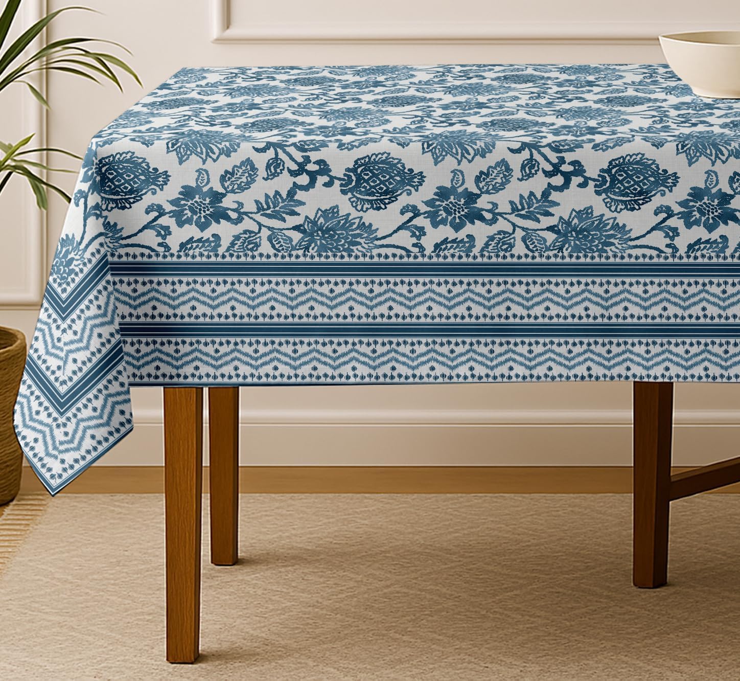 Floral Print Tablecloth - White Cotton Twill Fabric, 54x54 Inch Square Dining Table Cover for 4 Seater, Durable, Machine Washable, Everyday Dining, Matching Napkins & Runners Available
