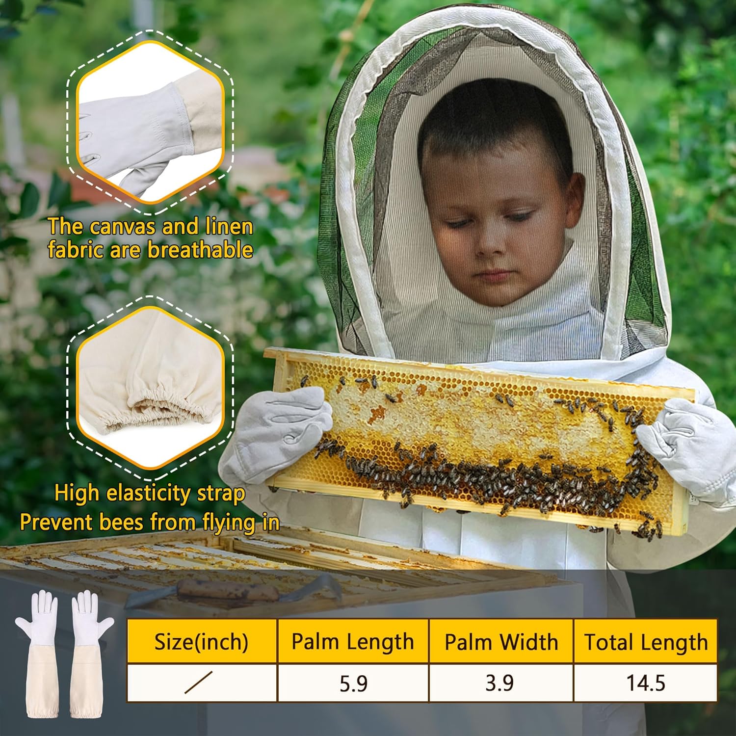 Bee Suit, Beekeeping Outfit Professional Full Body Beekeeper Suit with Veil Hood for Men and Women Beekeeper and Beginners with Gloves (Kid-L for 3'7"-4'2") - Image 4