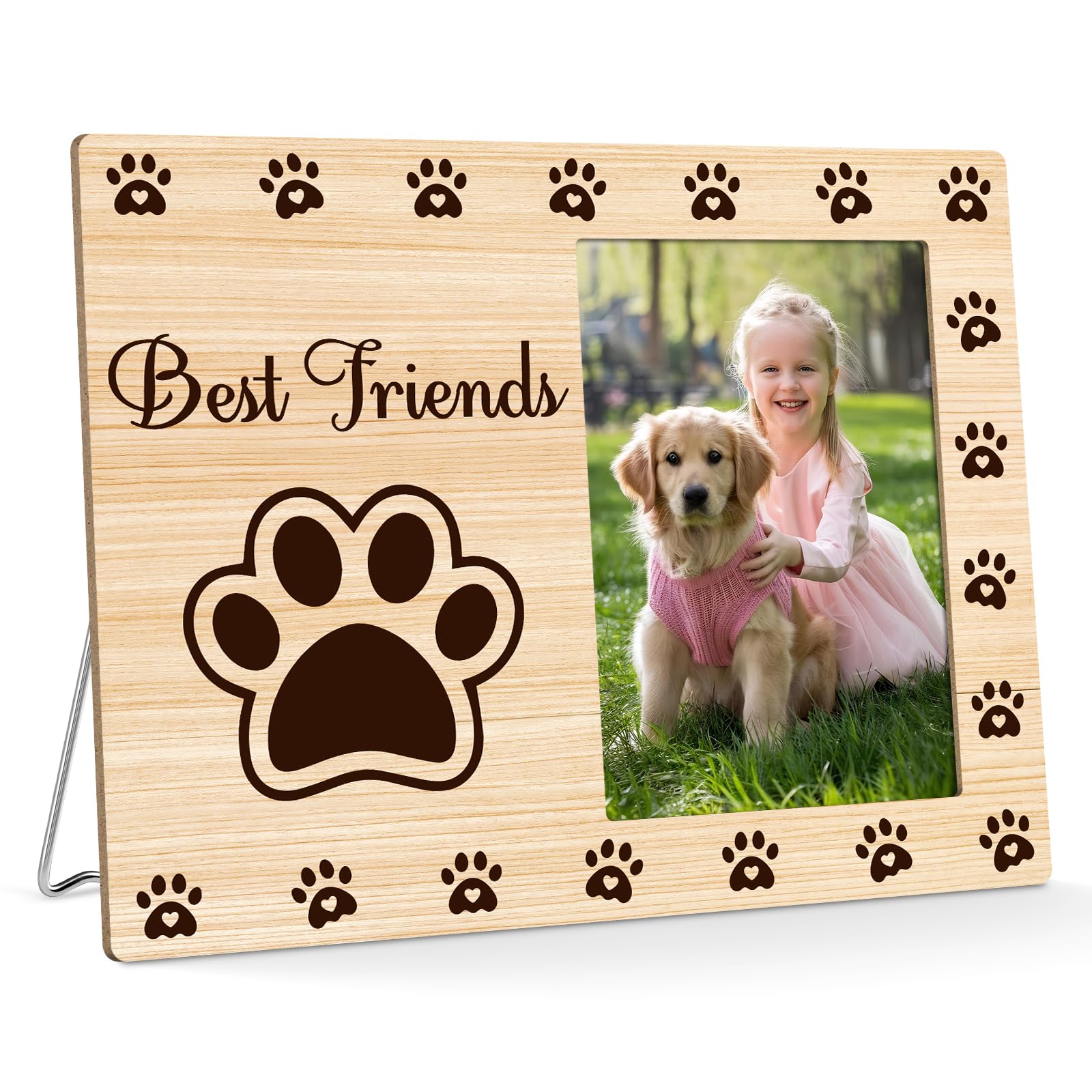 Dog Lovers Picture Frame for Best Friends Pet Gifts for Woman Cat Mom Dog Owner Wood Picture Frame 4x6 Photo Memorial Pet Loss Wooden Photo Frame Friendship Present for Friends Animal Lovers