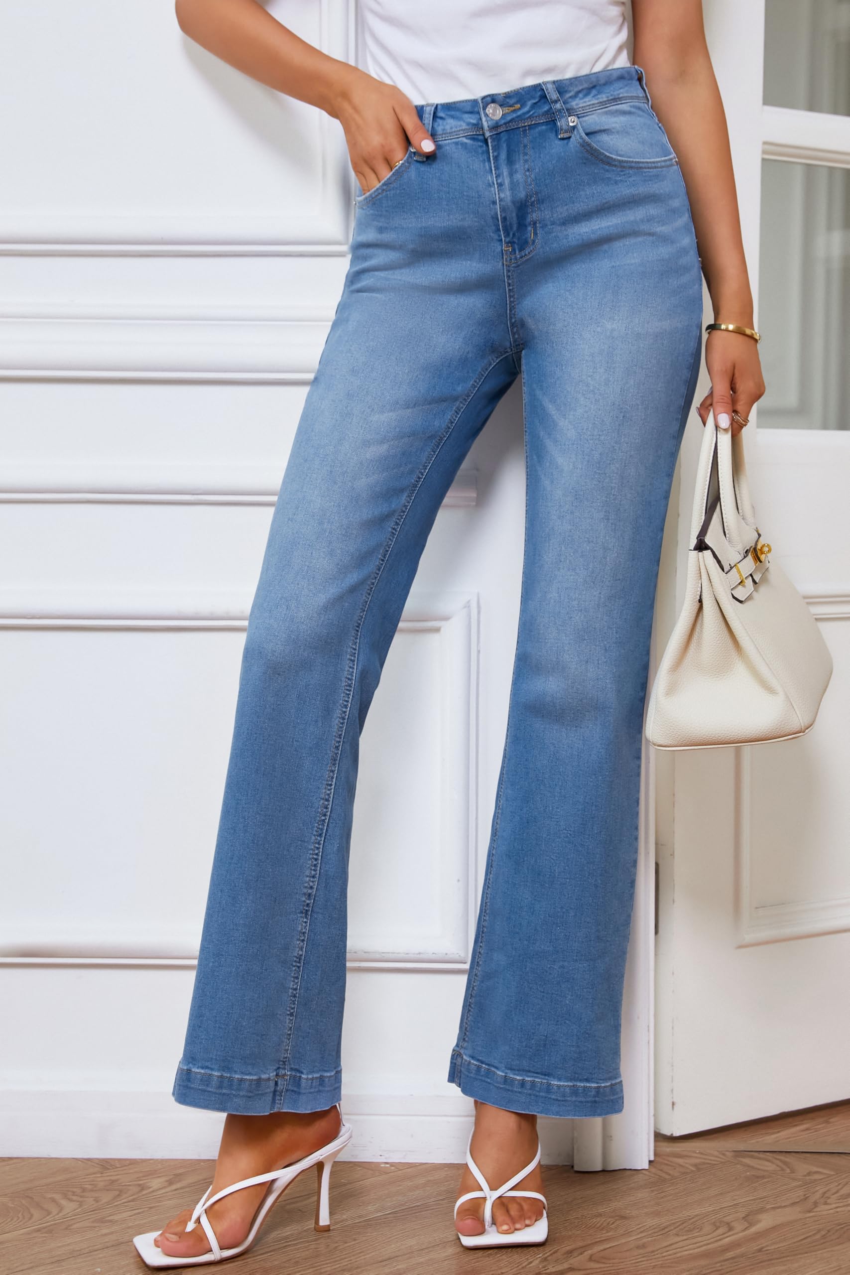 Roskiky Schlaghose Damen High Waist Wide Leg Baggy Jeans Stretch Hosen