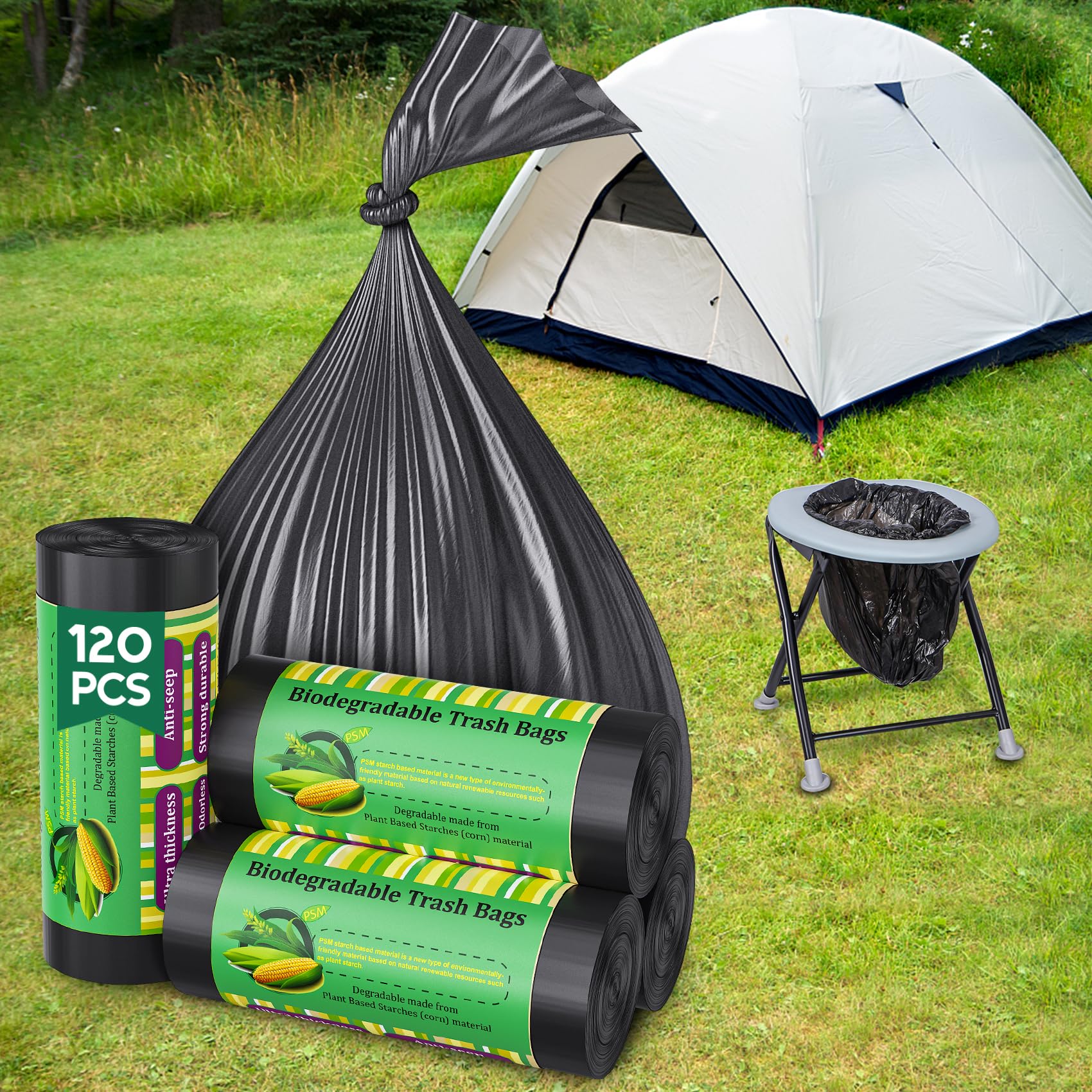 120 Portable Camping Toilet Bags, 8 Gallon Emergency Camp Potty Poop Bags for Adults, Thickened Trash Waste Bags for 5 Gallon Bucket Toilet Seat Camping Trash Can Outdoor