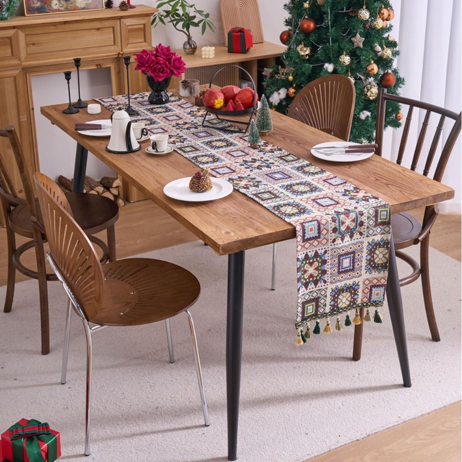 Runner da Tavolo Poliestere Cotone 33x220 cm, Runner da Tavola Moderno Lavabile Motivo Quadri Geometrico Jacquard con Nappe Decorazioni Matrimonio Tavoli per Cucina, Beige