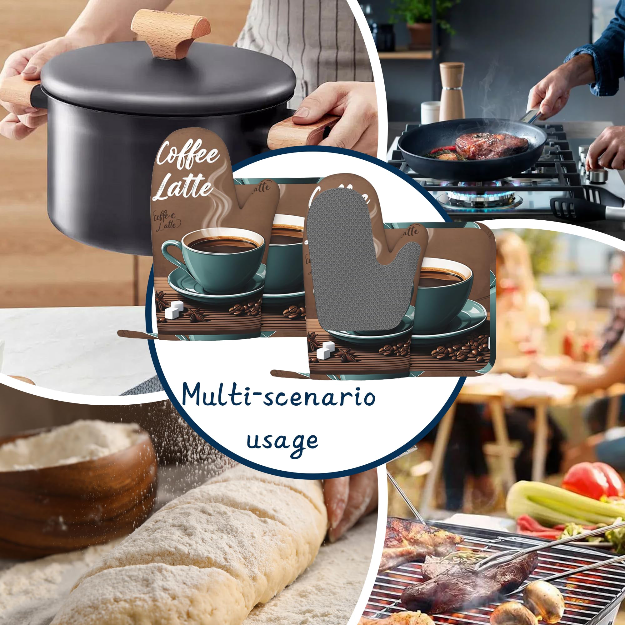 Juego de manoplas de horno y soportes para ollas, juego de guantes de cocina de algodón grueso retro para café, manoplas de silicona antideslizantes impermeables para hornear, bonito juego de