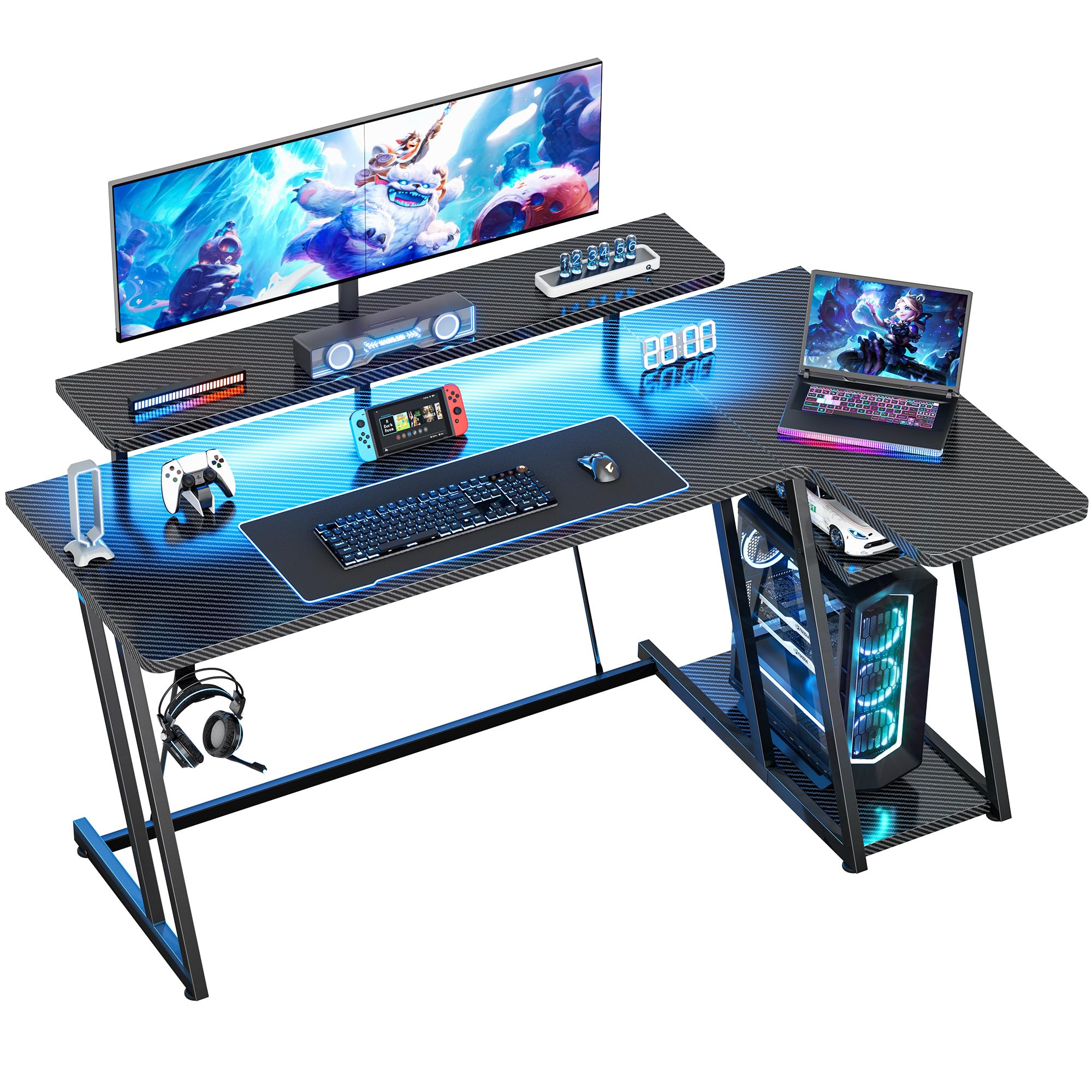HOMIDEC Gaming Desk with LED Lights, 140CM Computer Desk with Monitor Stand, L Shaped Corner Desk with Headphone Hook and Shelves for Gaming Room, Bedroom, Office, Black
