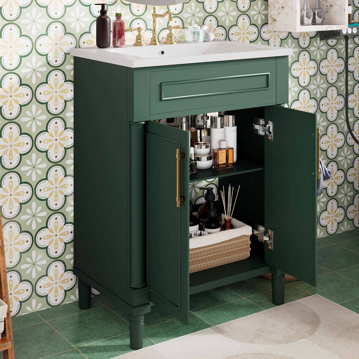 Marzzi Modern Vintage Bathroom Vanity with Sink, 24" Small Bathroom Vanity with Storage Cabinet, Adjustable Shelf, Solid Wood Legs, Ceramic Sink, Painted Finish
