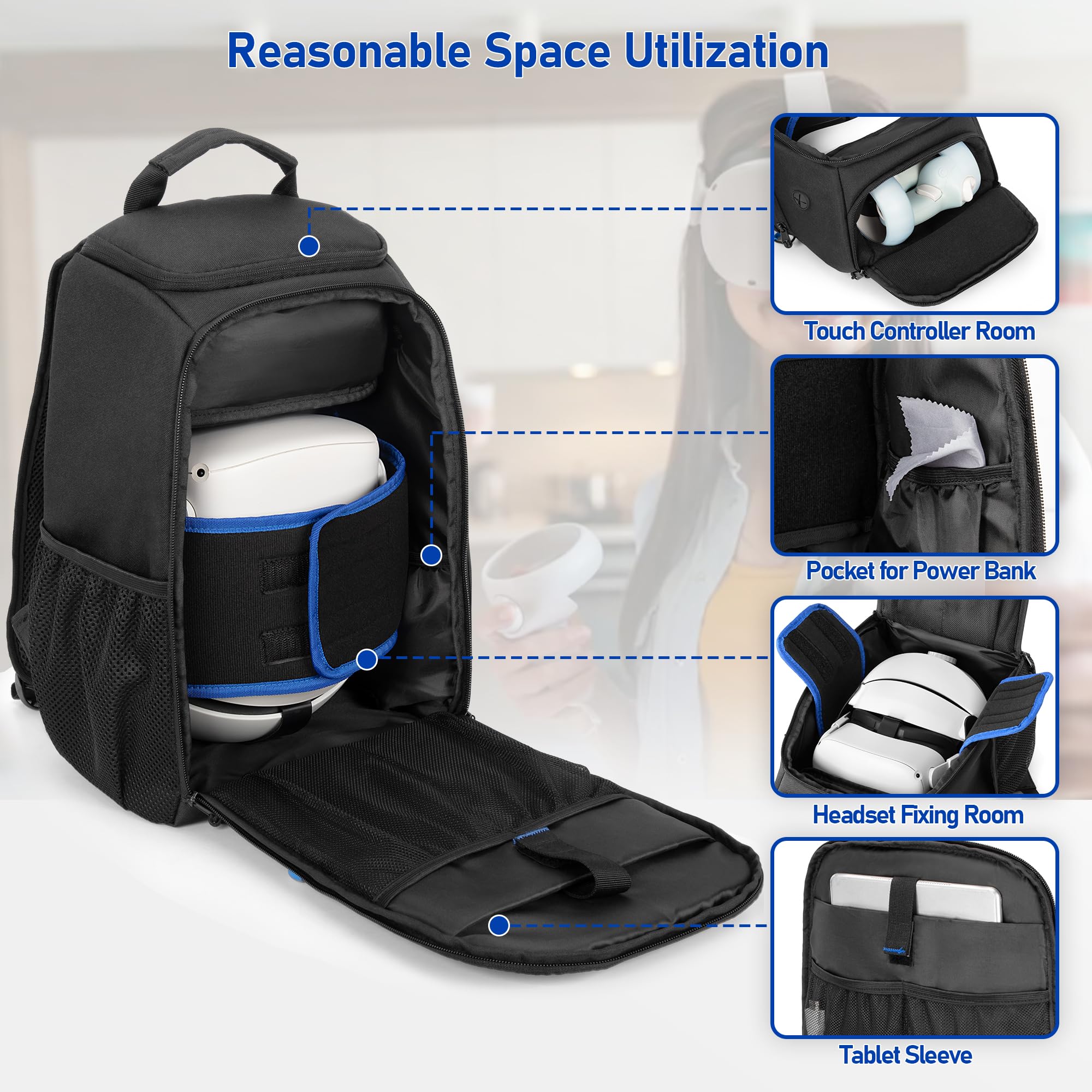 PGmoon Bolsa de transporte de almacenamiento compatible con Oculus Meta Quest 2/Quest 3/Quest Pro/VR Elite correa y controlador, mochila de viaje con mucho espacio para accesorios (diseño patentado)