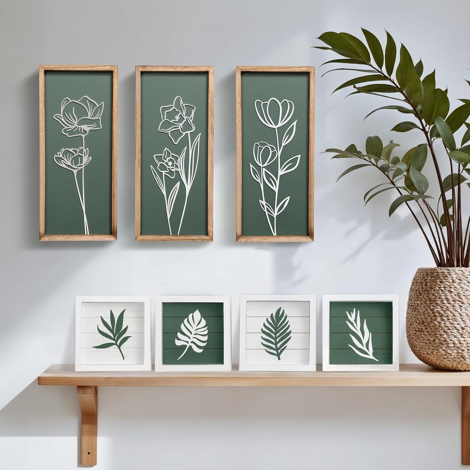 3D Green Botanical & Floral Wall Art (Set of 7) – Lightweight, Wooden Ready-to-Hang Framed Wall Art for Bedroom, Bathroom, Living Room, or Office – Textured Boho Farmhouse Decor – Gift-Boxed