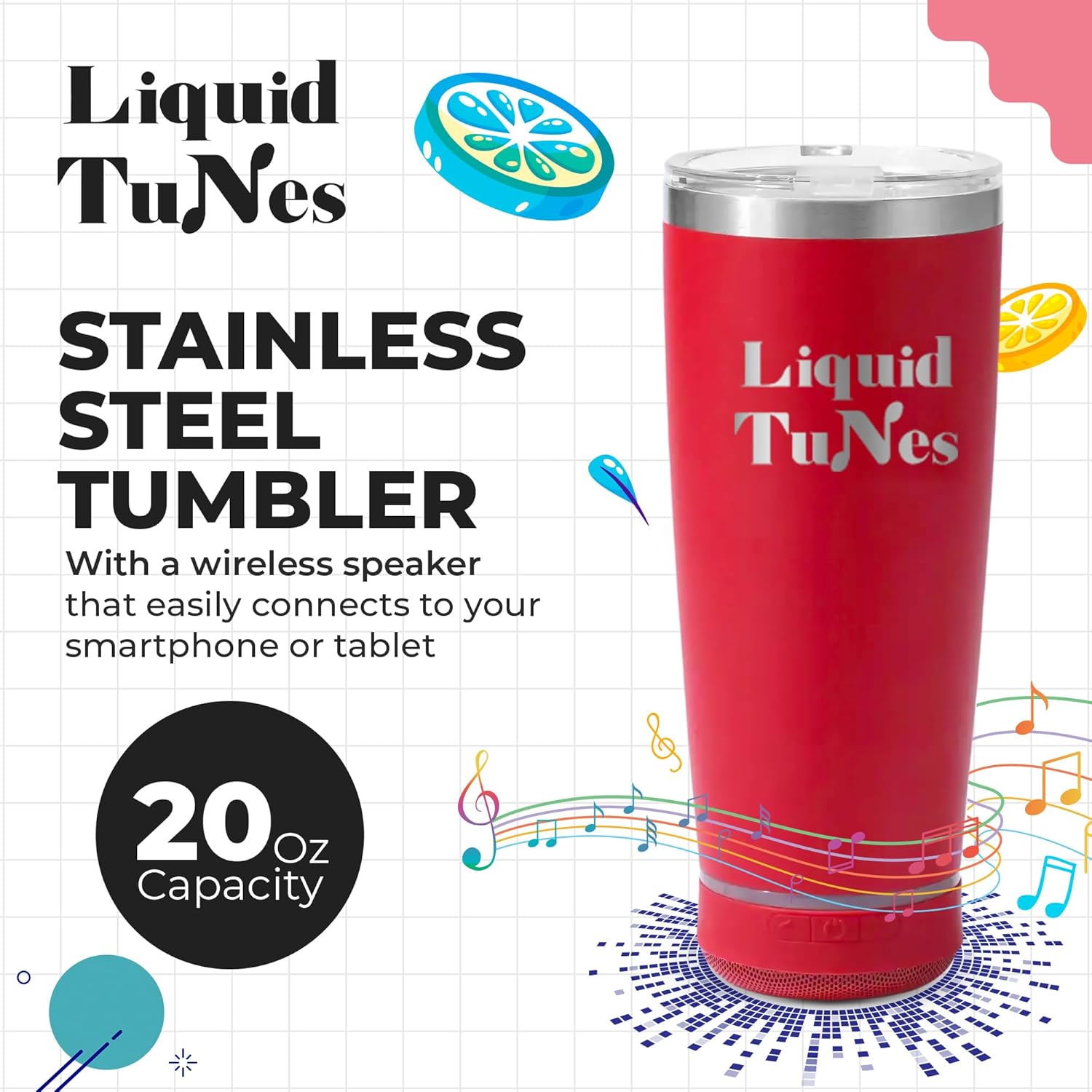 Liquid TuNes Stainless Steel Tumbler with Wireless Music Speaker, 20 oz Tumbler with Double-Wall Vacuum Insulation and Detachable Speaker (Red) - Image 2