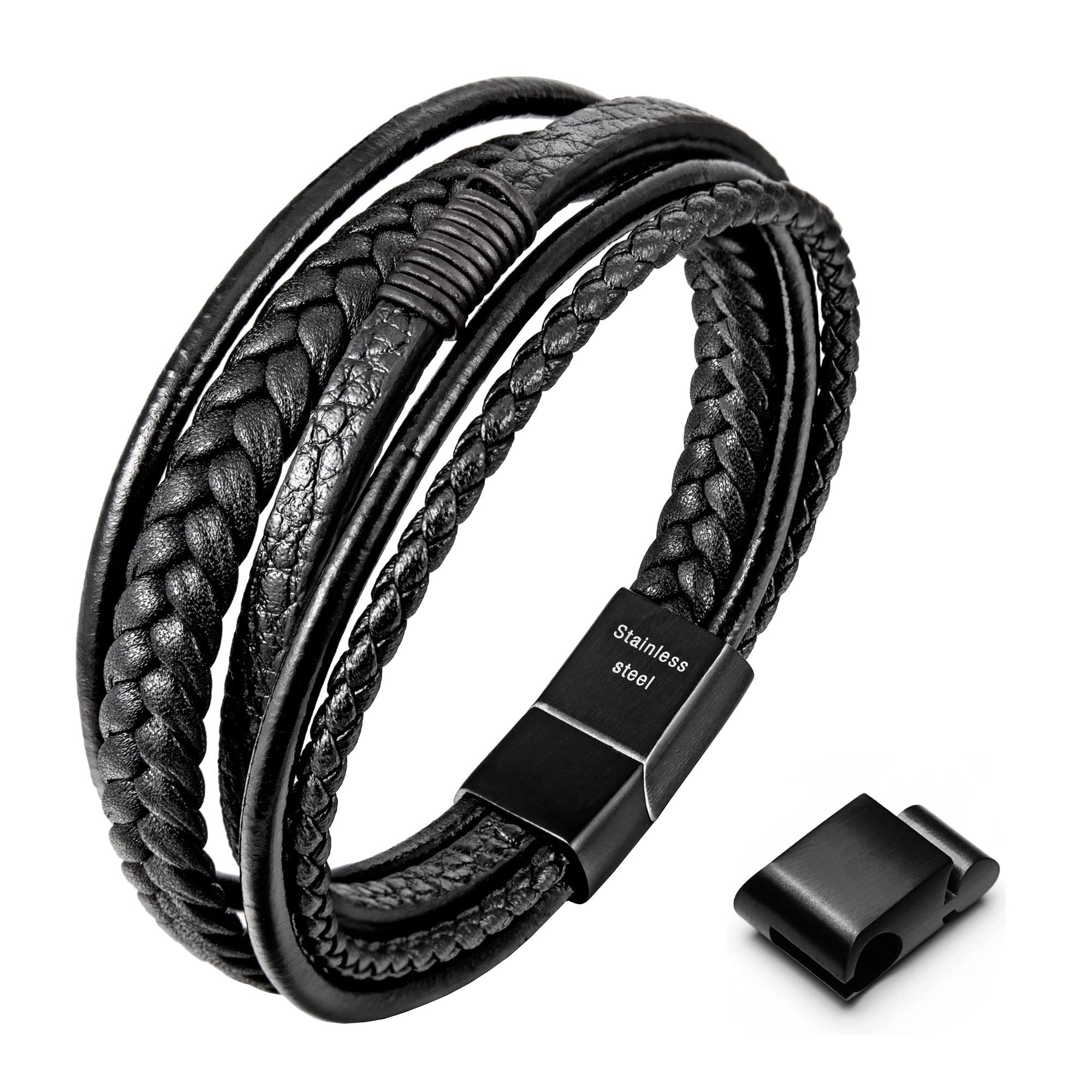 Speroto Men's Adjustable Premium Leather Bracelet - Black/Brown with Stainless Steel Magnetic Clasp, Multi-Layer Braided Genuine Leather Gift for Men/Women