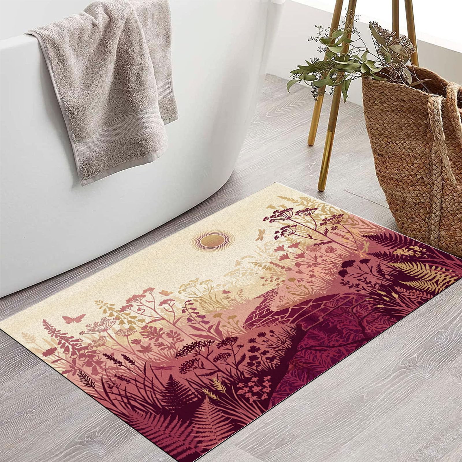 Zerbino Interni Paesaggio Vegetale Rurale 60X90Cm, Antiscivolo Lavabile, Tappeto Da Ingresso Tranquillo Sentiero Nel Giardino, Tappetino Pelo Basso Antipelo Per Porta D’Ingresso, Rosso