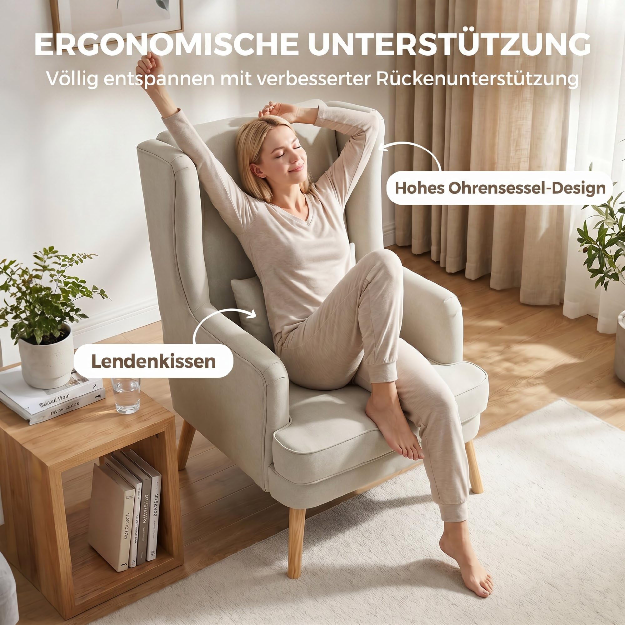 HOMCOM Ohrensessel mit Lendenkissen Hoher Rückenlehne Breitem Sitz Beige