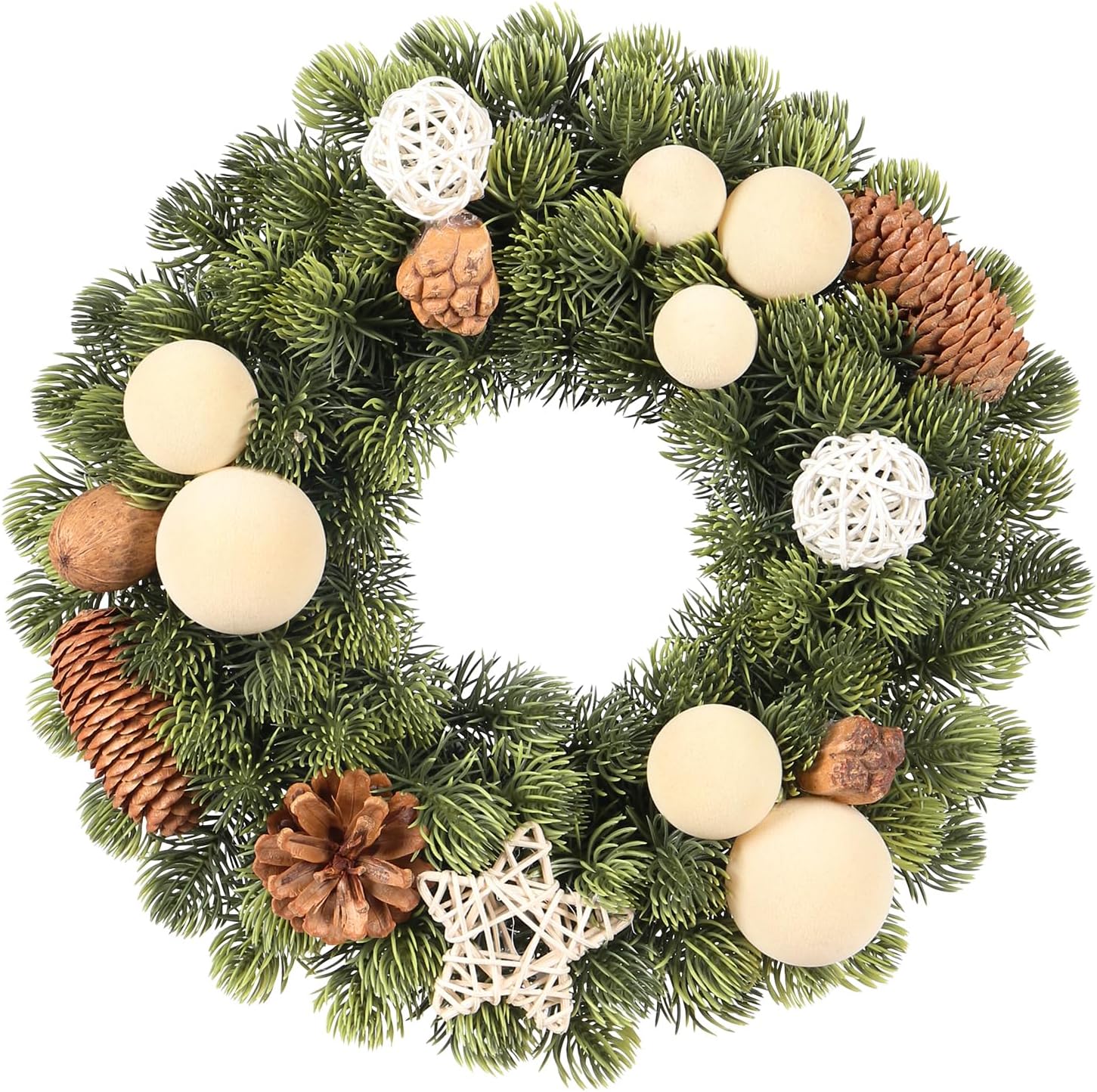 Small Christmas Wreath for Front Door Indoor Outdoor Home Xmas Decorations | 13Inch Artificial Beige Velvet Ball Pine Cone Mini Wreaths for Front Door for Hoilday Party Xmas Decor