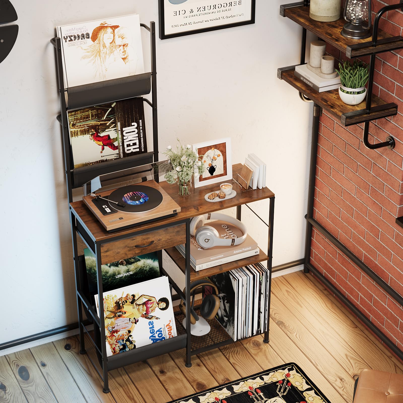 VEDECASA Scaffale per dischi in vinile con 1 cassetto e 3 ripiani, mensola vintage in legno e metallo per fino a 150 dischi in vinile, supporto LP con ripiano per giradischi, tavolino laterale per