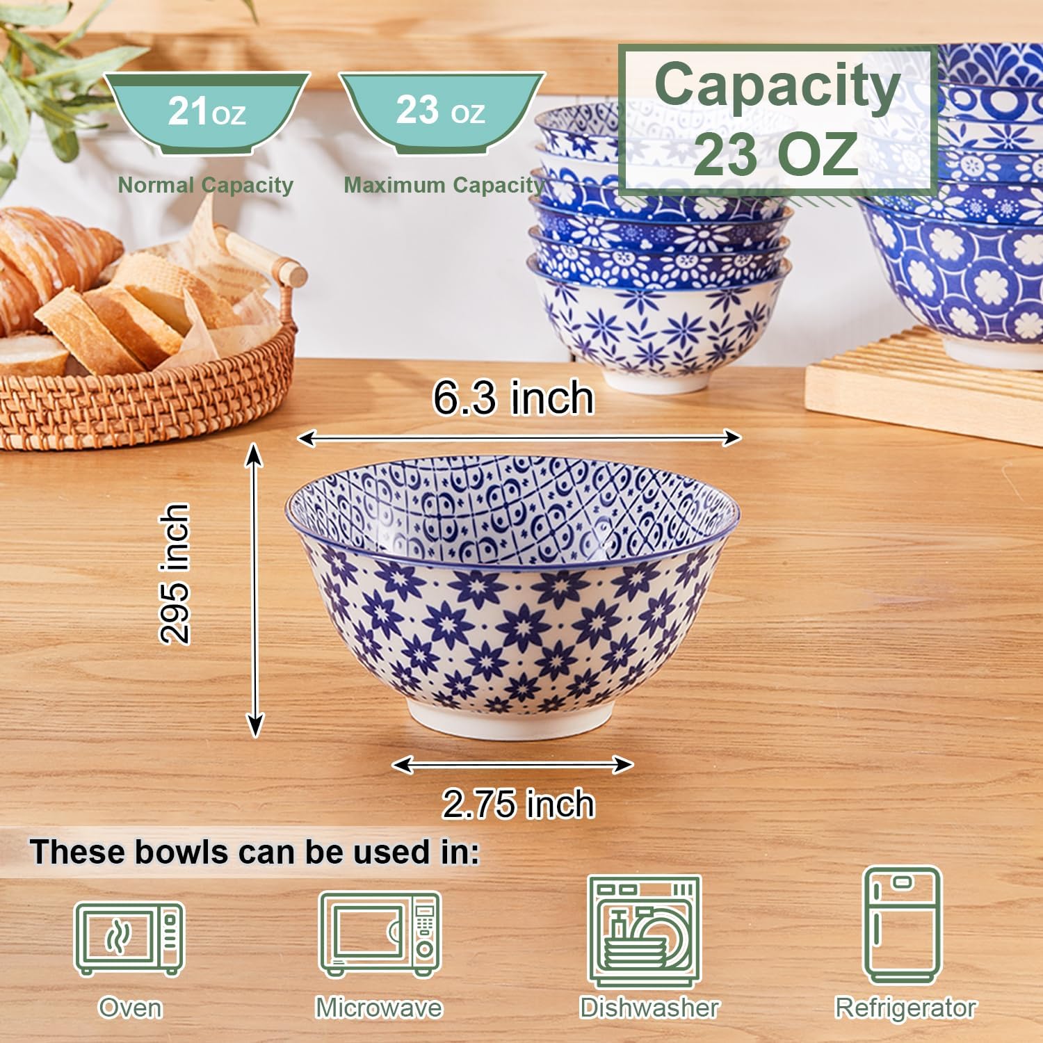 AntoKueh 6 inches Blue and White Ceramic Bowls, 23Oz Deep Cereal Porcelain Bowls set of 6, Large Soup Bowls for Salad, Fruit, Vintage