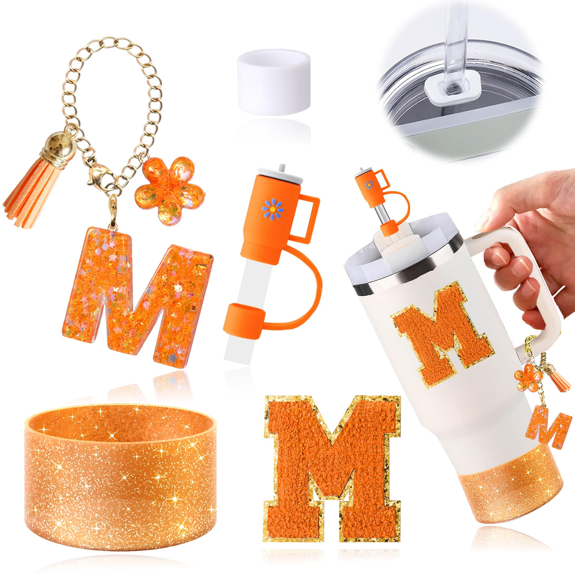 Stanley Cup Accessories Set Of 6 PCS, Including Letter Stickers, Letter Chains, Straw Caps, Cup Sleeves, And Spill Proof Stoppers, Orange, 30 Oz 40 Oz