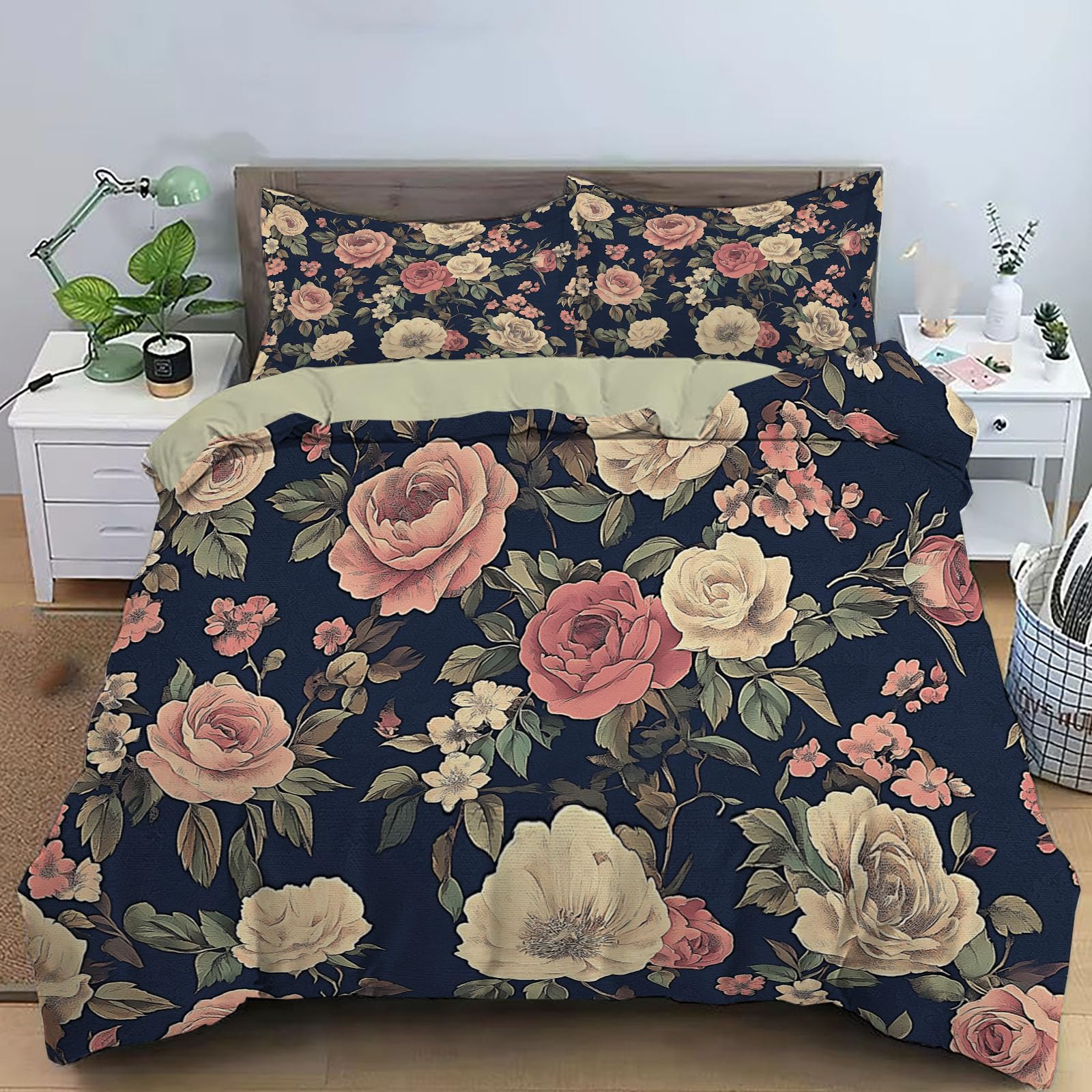 Housse de couette lit adulte rose vintage bleu marine motif floral