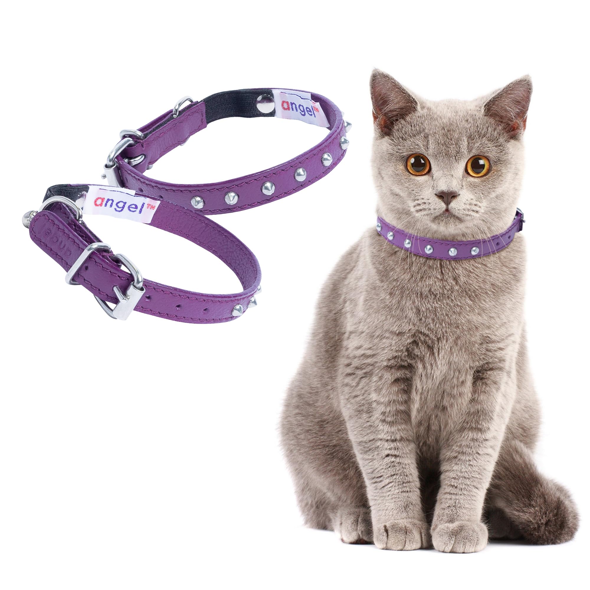 Angel Pet Supplies Inc. Ángel Mascota Suministros Piel Tachonado Collar de Gato con Seguridad elástico Stretch, 12 por 1/2-inch, Morado